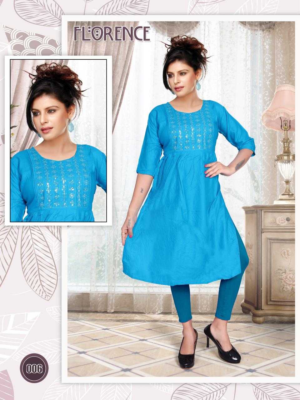 TRENDY FLORENCE RAYON NAIRA CUT KURTI CATALOG WHOLESALER BEST RATE