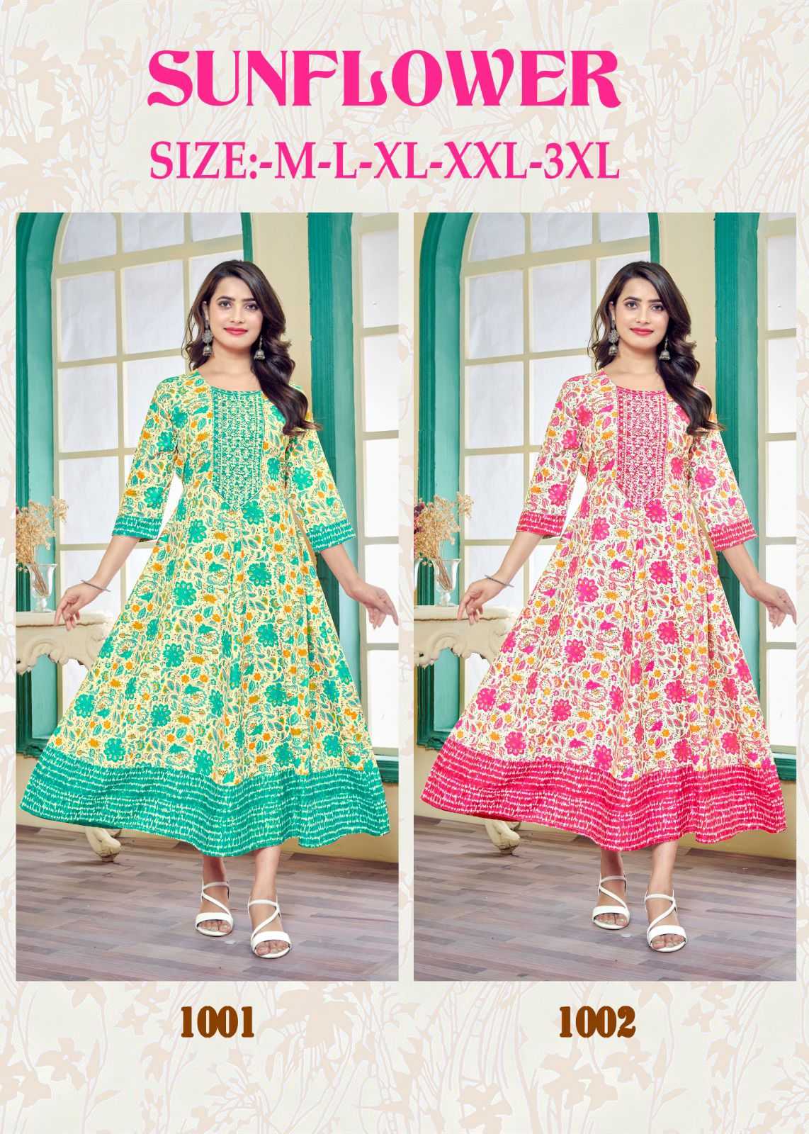 pr sunflower stylish look full stitch embroidery work long kurti frock style catalog 