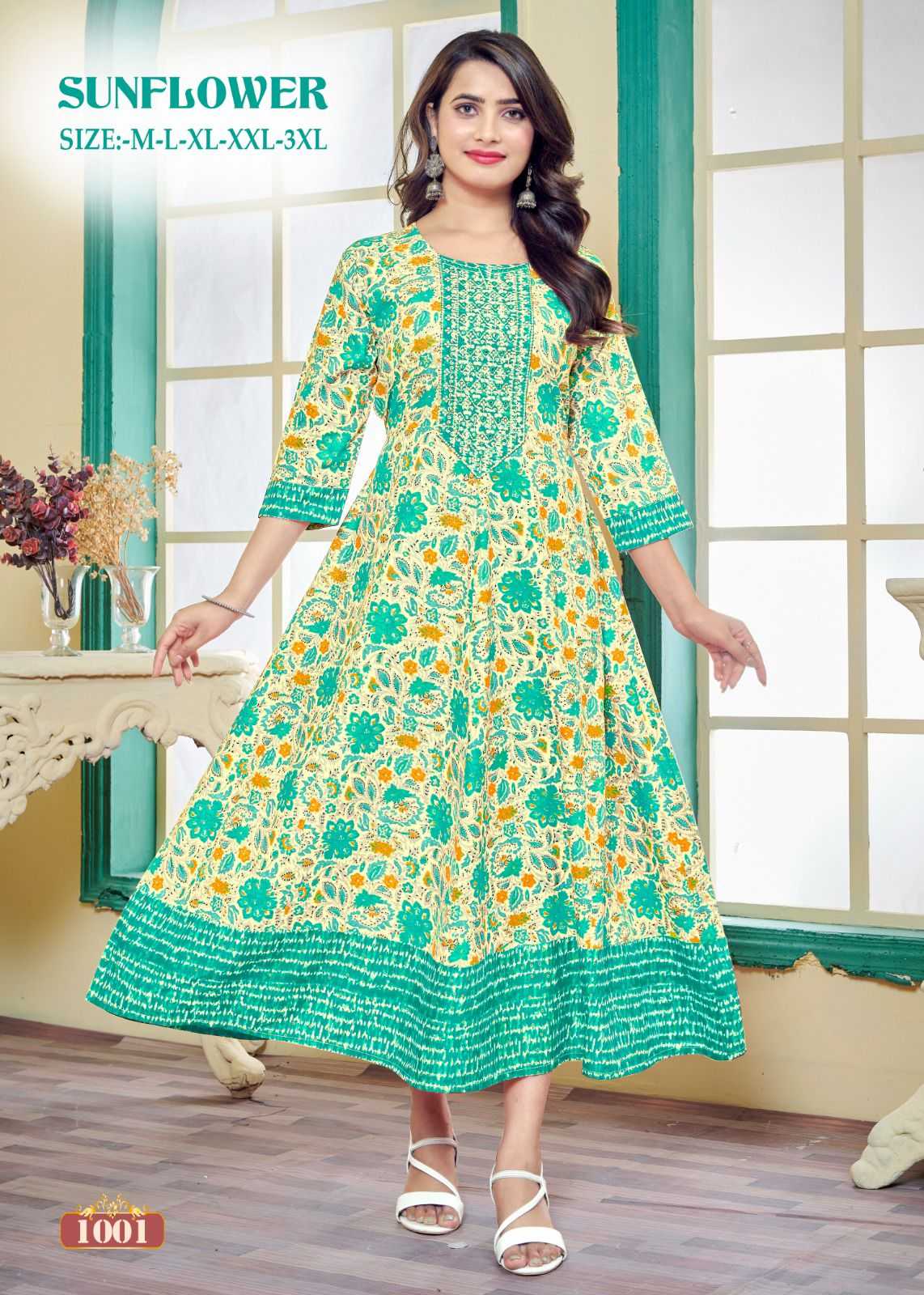 pr sunflower stylish look full stitch embroidery work long kurti frock style catalog 