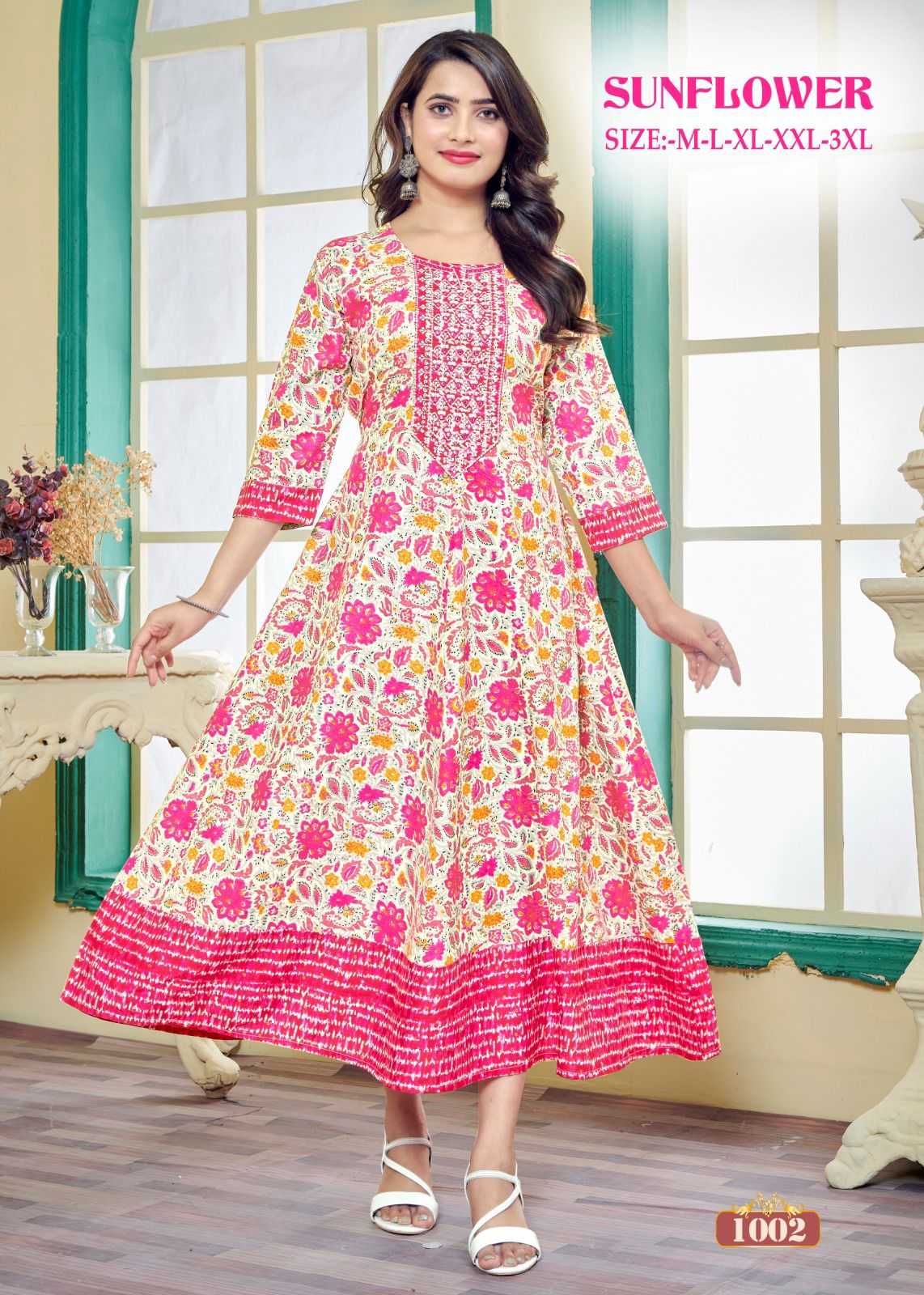 pr sunflower stylish look full stitch embroidery work long kurti frock style catalog 