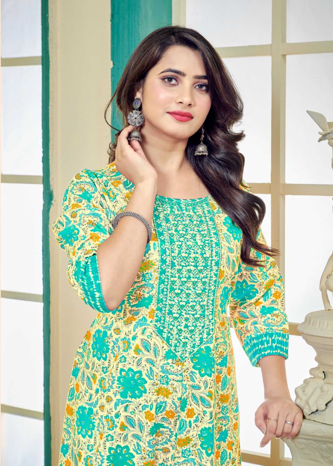 pr sunflower stylish look full stitch embroidery work long kurti frock style catalog 