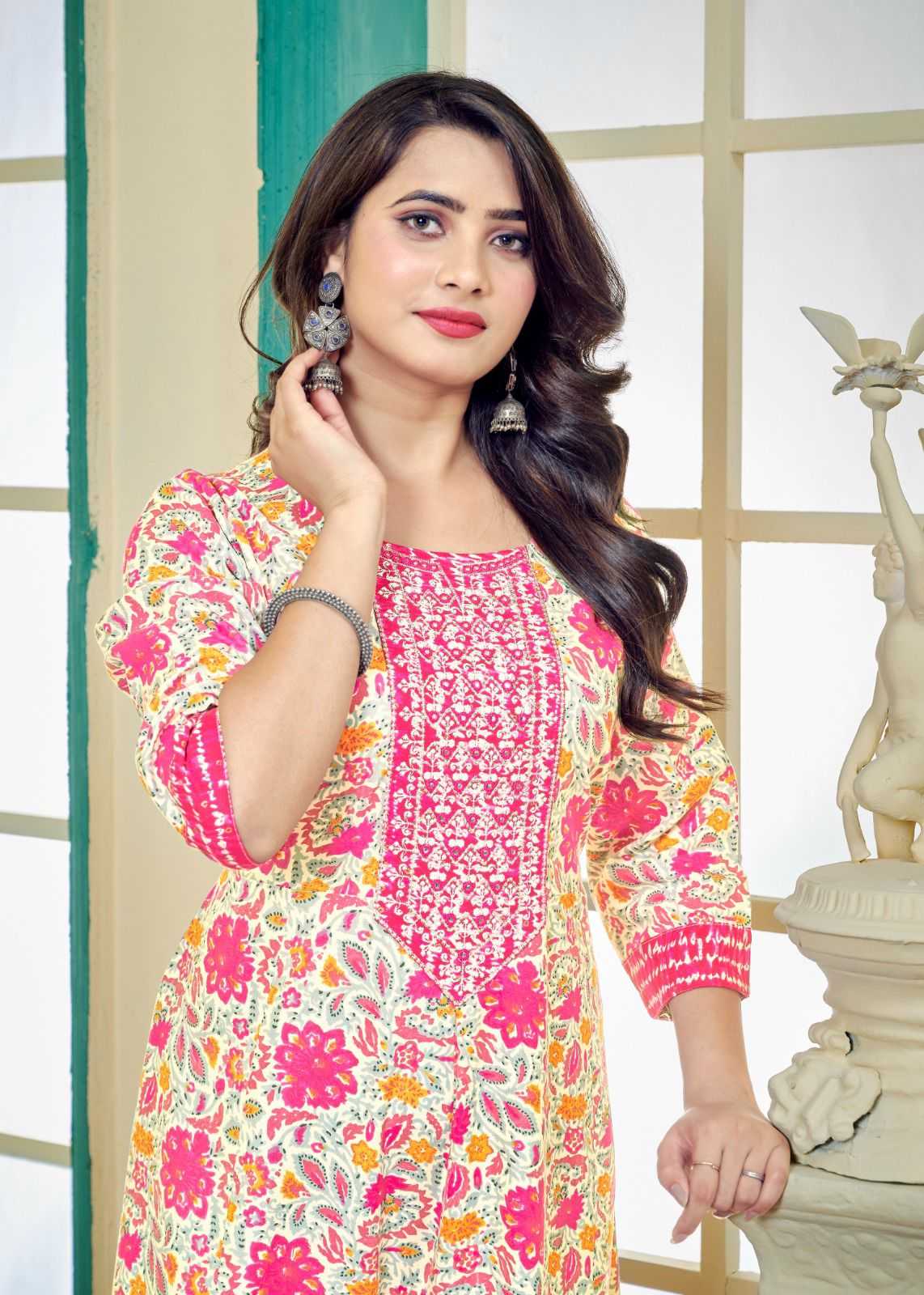 pr sunflower stylish look full stitch embroidery work long kurti frock style catalog 