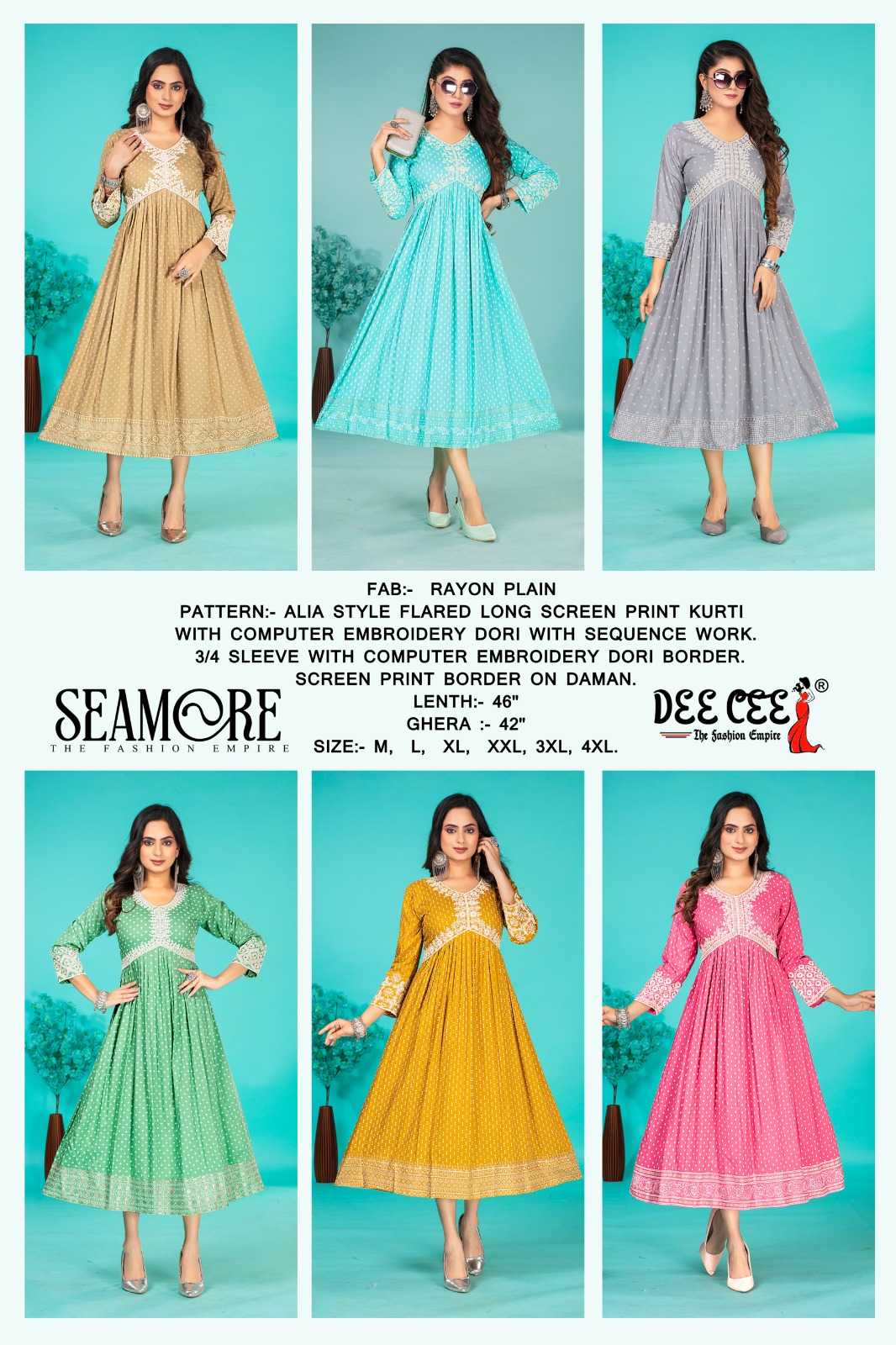 seamore by deecee rayon plain hit design alia style full stitch big size long kurti