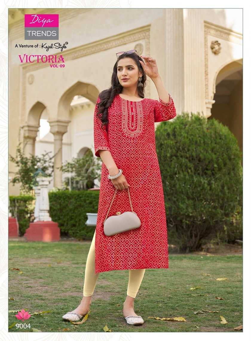 diya trends victoria vol 9 new design fancy rayon full stitch big size long kurti exports