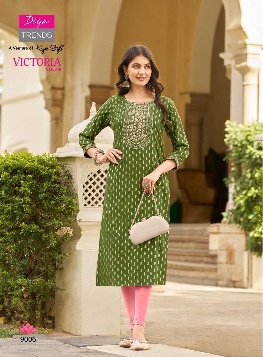 diya trends victoria vol 9 new design fancy rayon full stitch big size long kurti exports