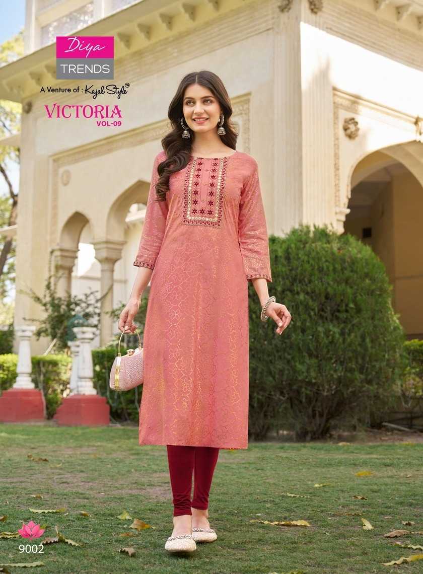 diya trends victoria vol 9 new design fancy rayon full stitch big size long kurti exports