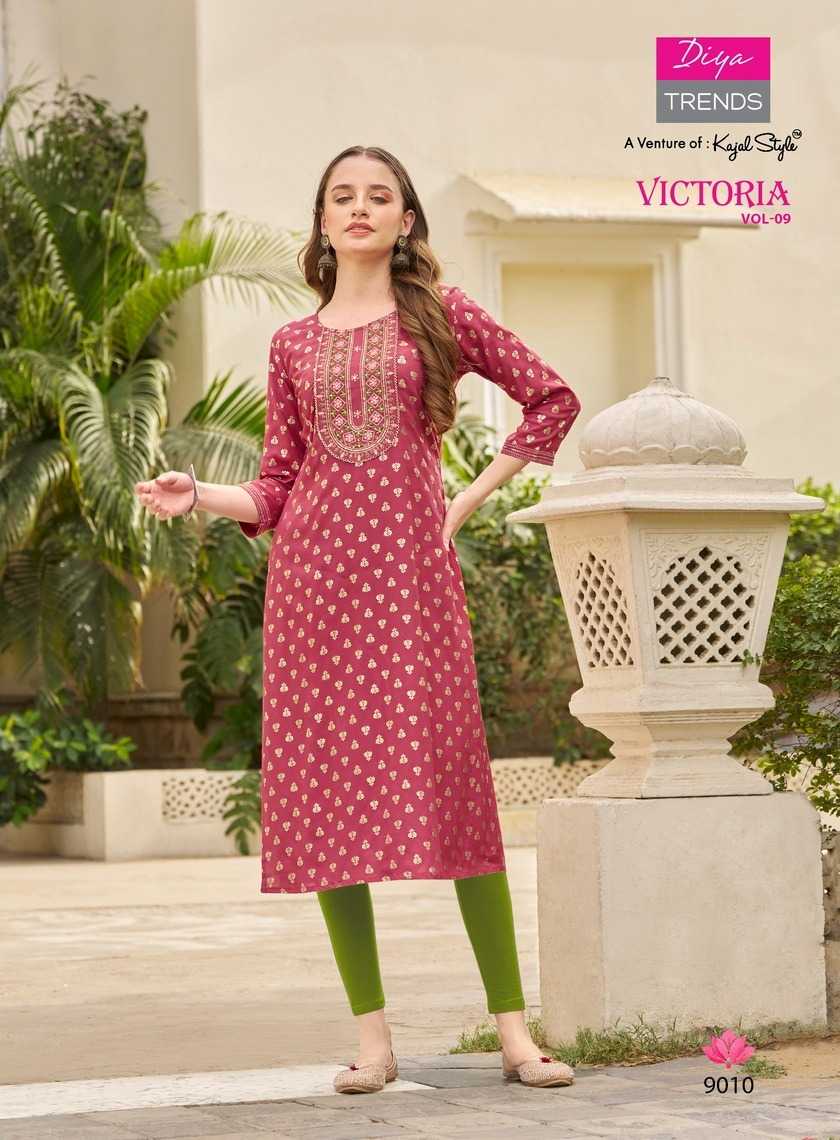 diya trends victoria vol 9 new design fancy rayon full stitch big size long kurti exports