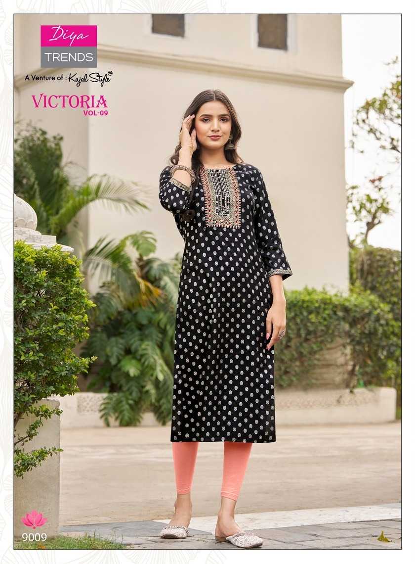 diya trends victoria vol 9 new design fancy rayon full stitch big size long kurti exports