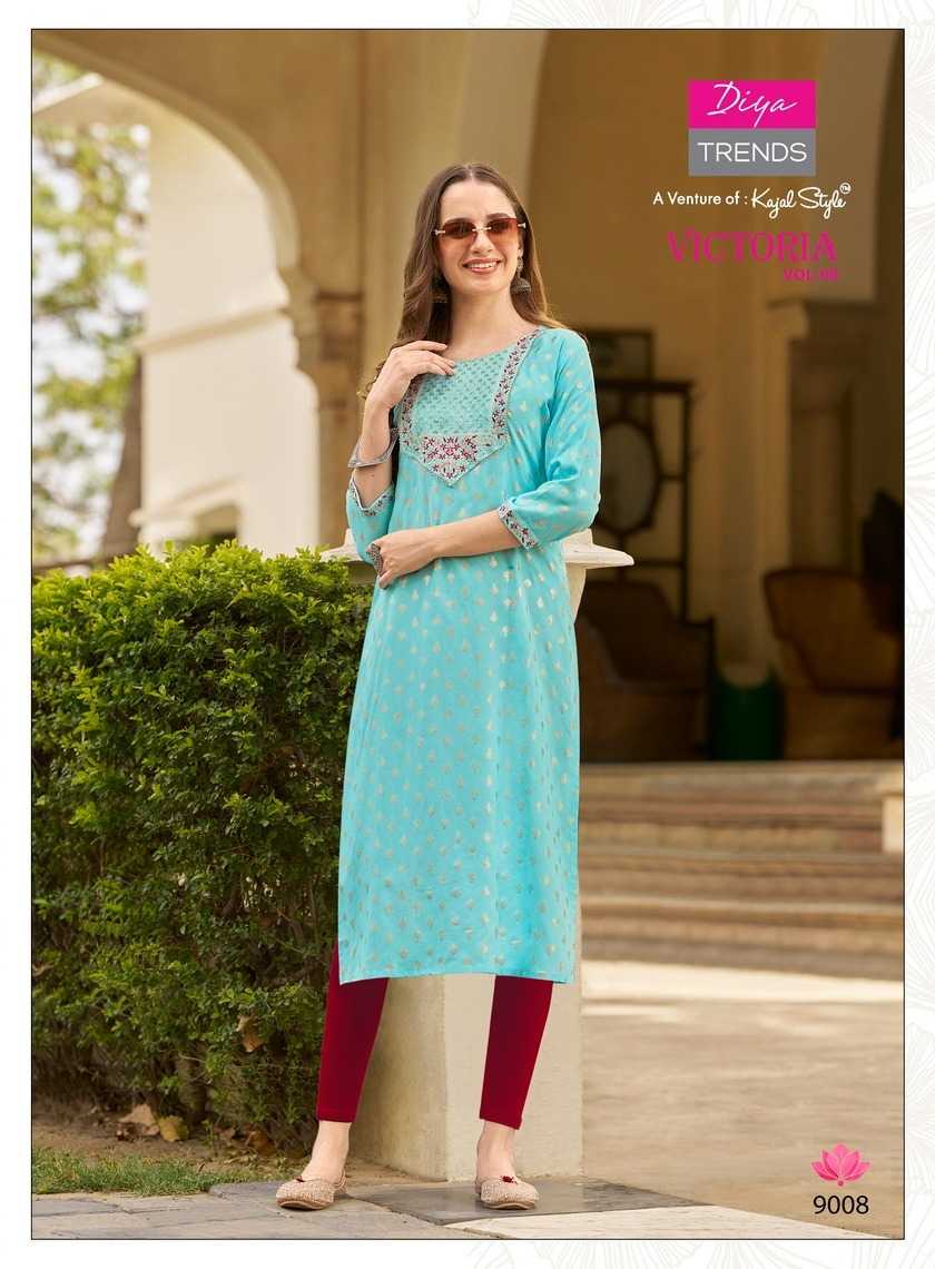 diya trends victoria vol 9 new design fancy rayon full stitch big size long kurti exports