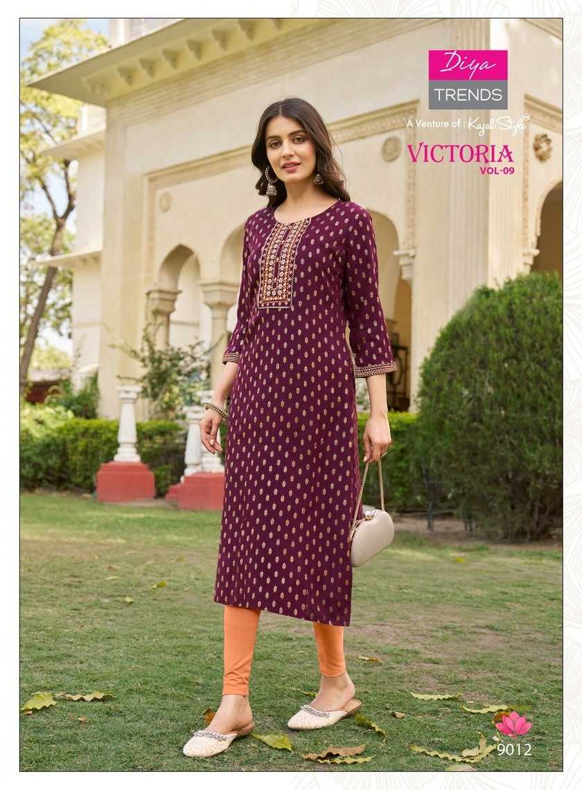 diya trends victoria vol 9 new design fancy rayon full stitch big size long kurti exports