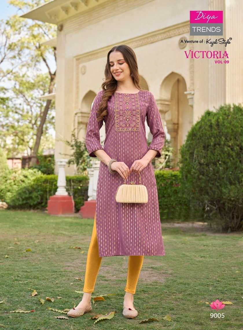 diya trends victoria vol 9 new design fancy rayon full stitch big size long kurti exports
