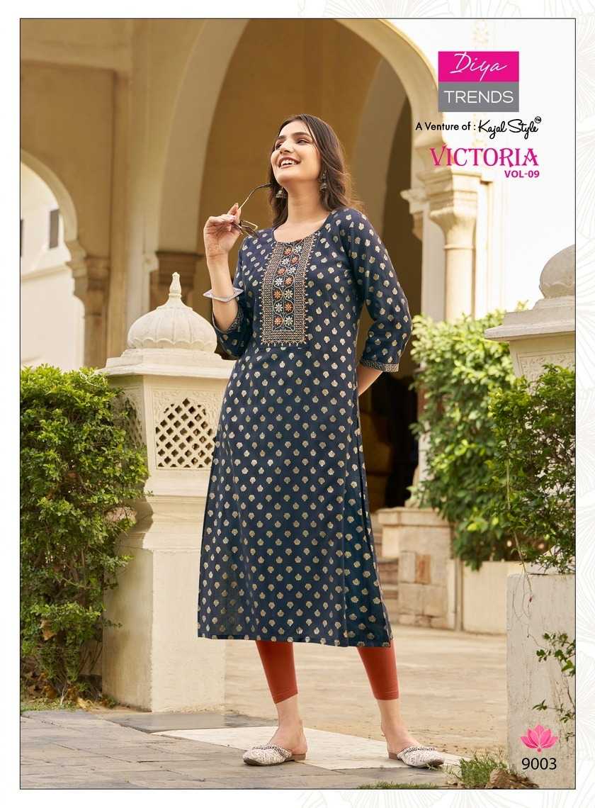 diya trends victoria vol 9 new design fancy rayon full stitch big size long kurti exports