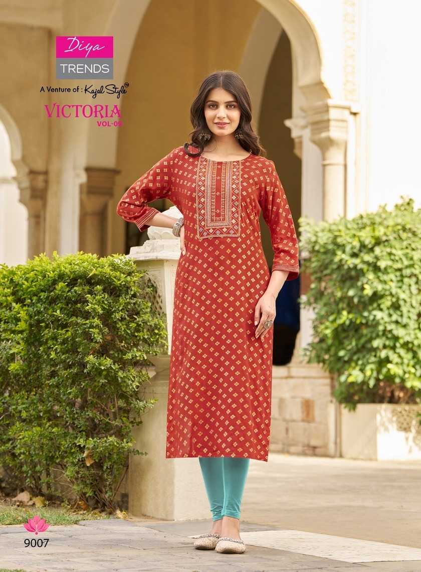diya trends victoria vol 9 new design fancy rayon full stitch big size long kurti exports
