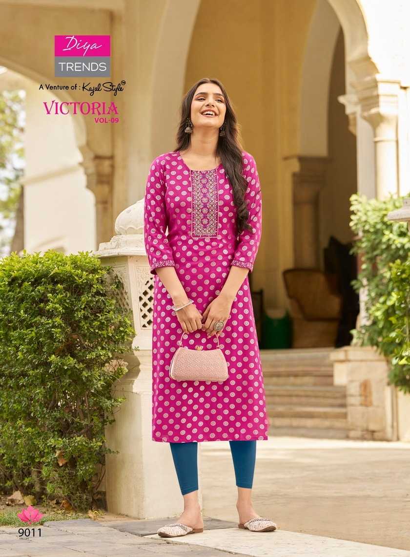 diya trends victoria vol 9 new design fancy rayon full stitch big size long kurti exports
