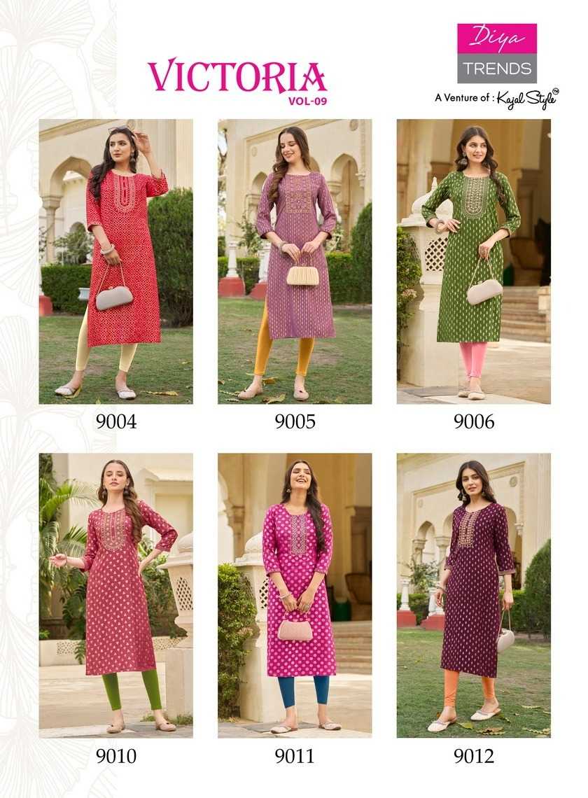 diya trends victoria vol 9 new design fancy rayon full stitch big size long kurti exports