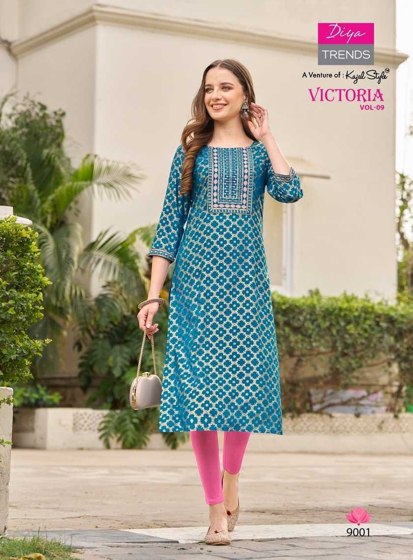 diya trends victoria vol 9 new design fancy rayon full stitch big size long kurti exports