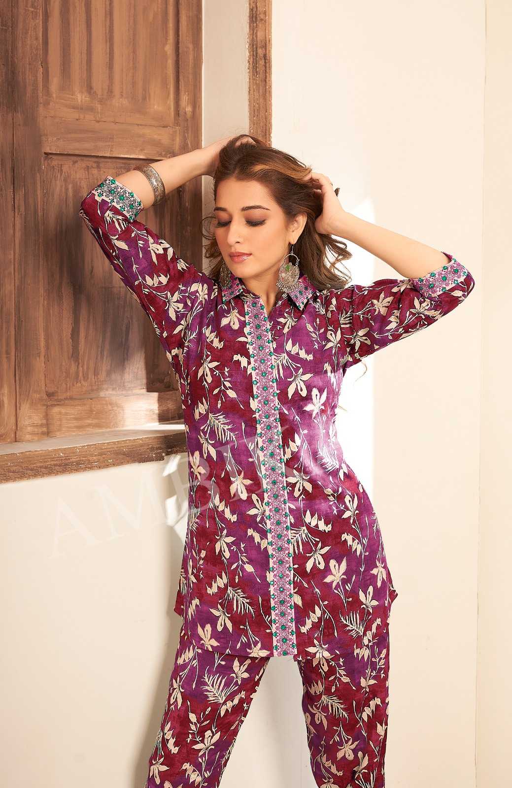 ambika ranisa rayon print stylish designer full stitch cord set exports