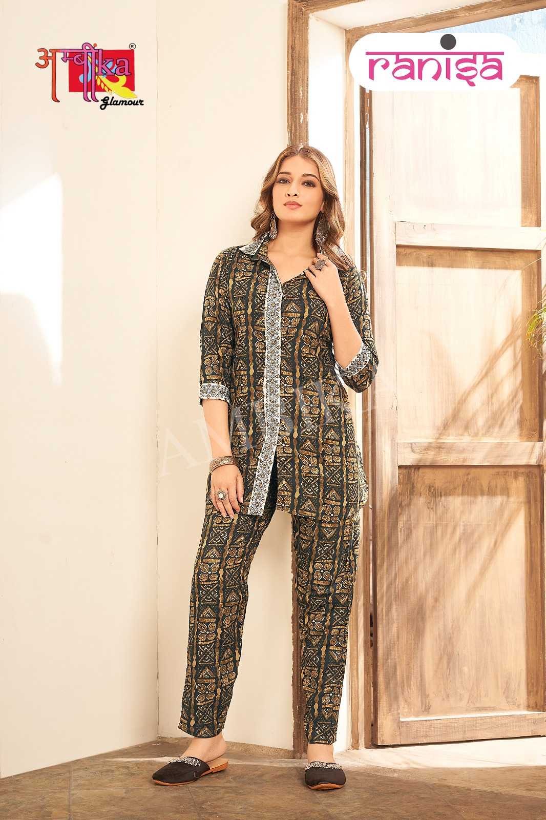 ambika ranisa rayon print stylish designer full stitch cord set exports