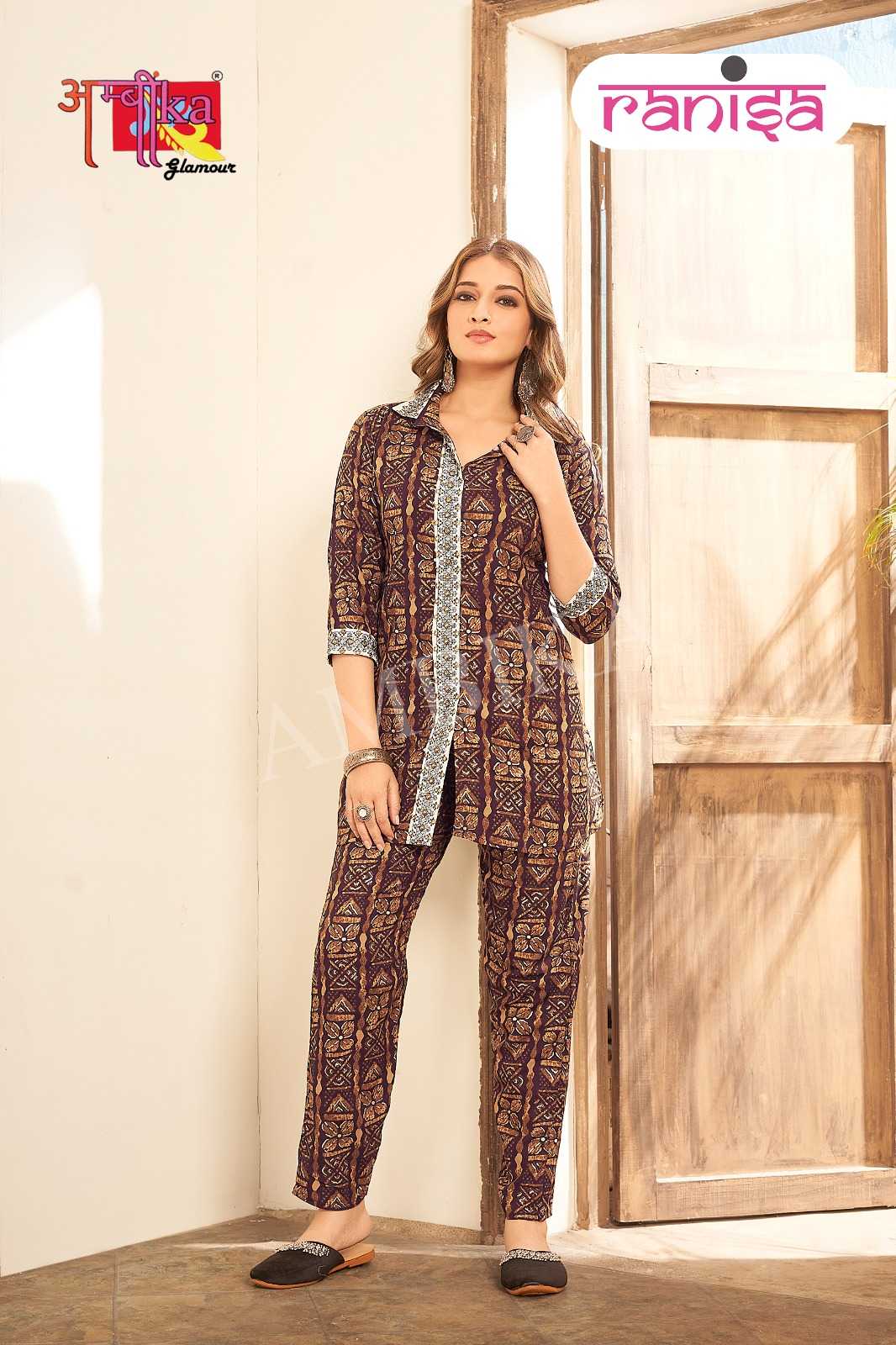 ambika ranisa rayon print stylish designer full stitch cord set exports