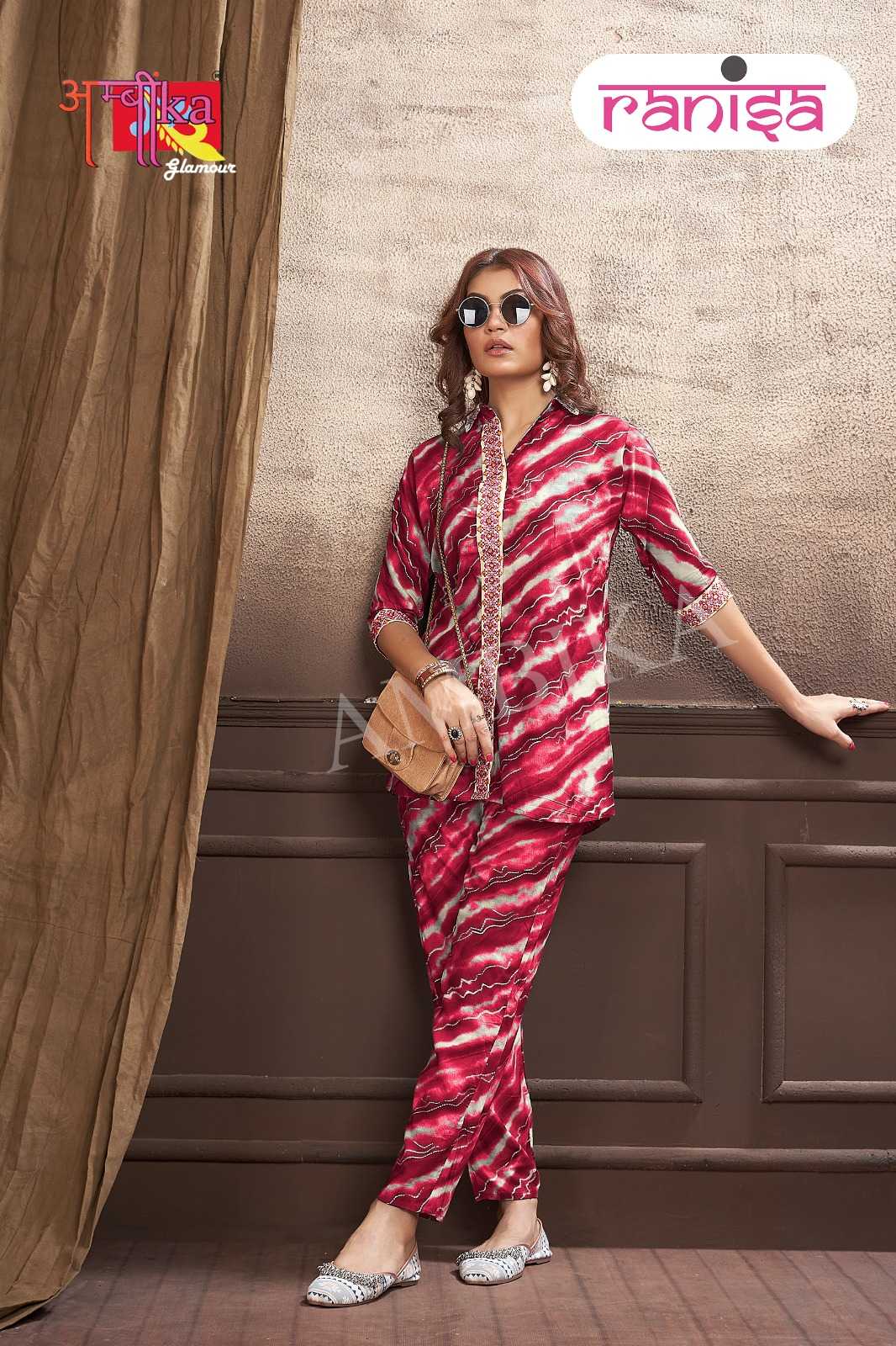 ambika ranisa rayon print stylish designer full stitch cord set exports