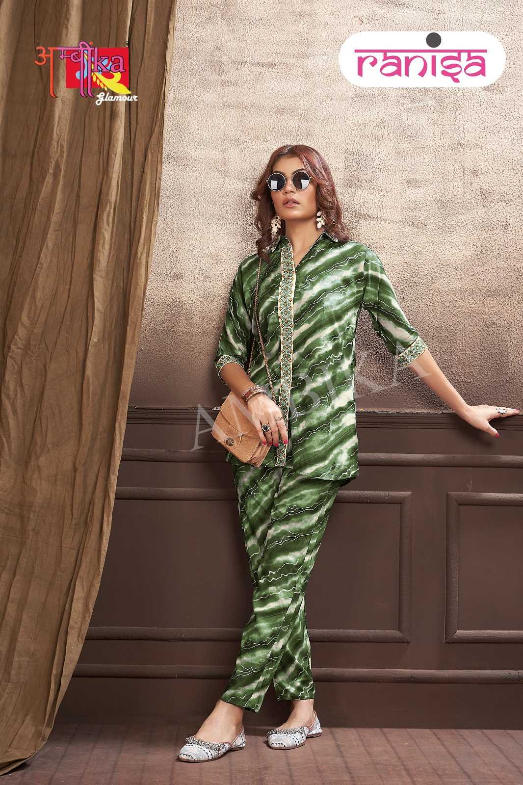 ambika ranisa rayon print stylish designer full stitch cord set exports