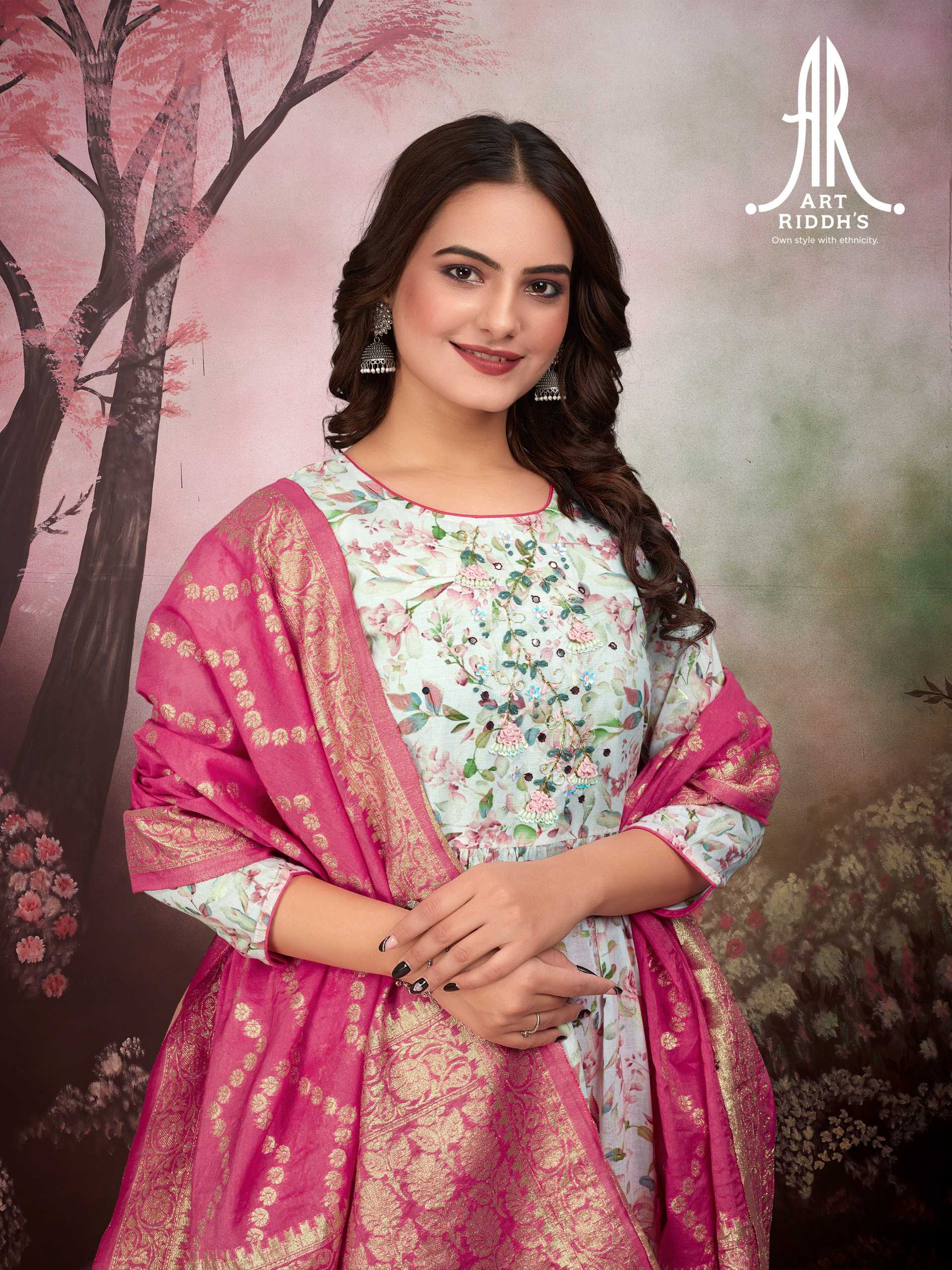 artridhs nayra cut pattern cotton fancy full stitch big size handwork pick & choose kurti pant with dupatta 