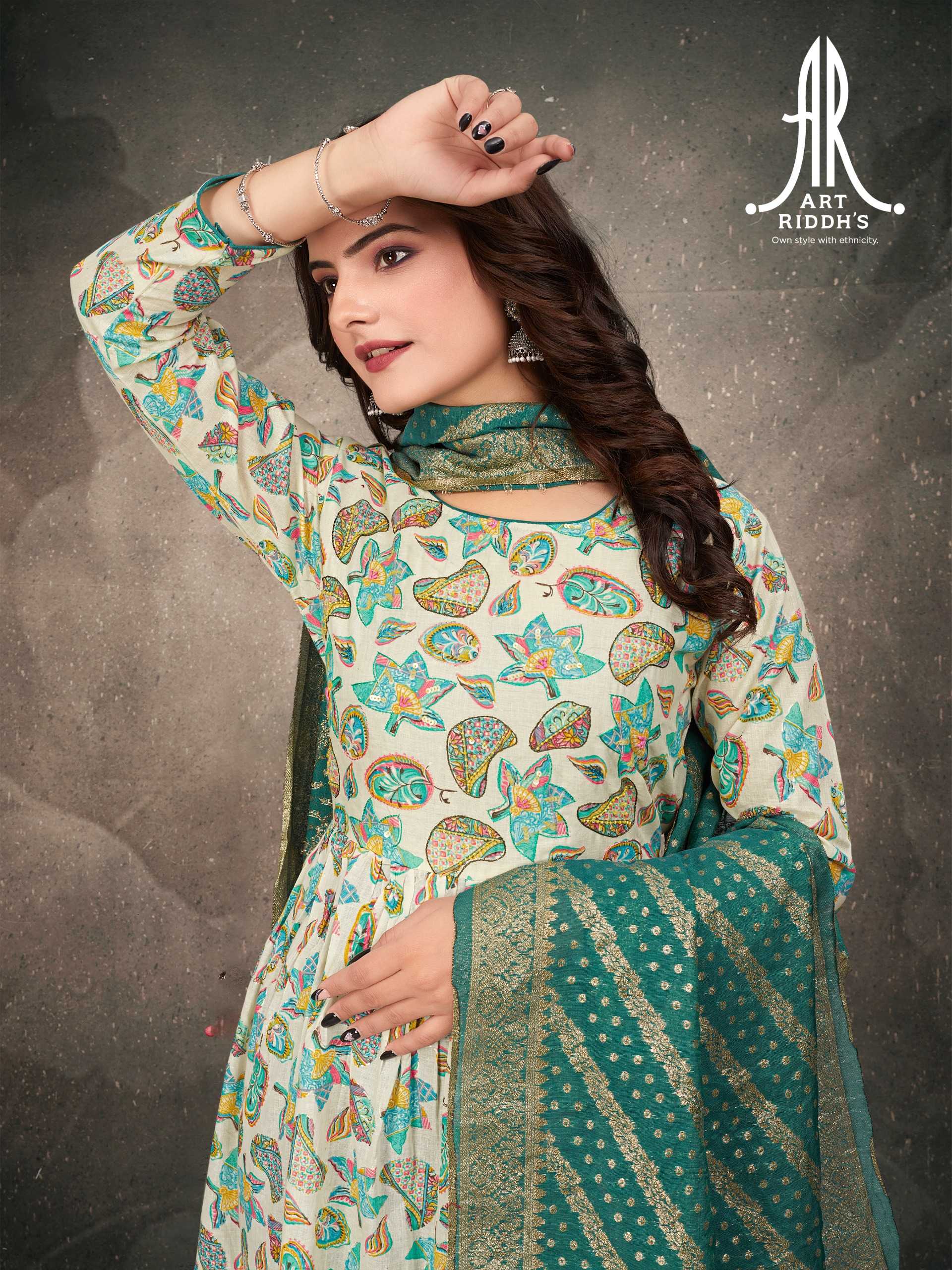 artridhs nayra cut pattern cotton fancy full stitch big size handwork pick & choose kurti pant with dupatta 