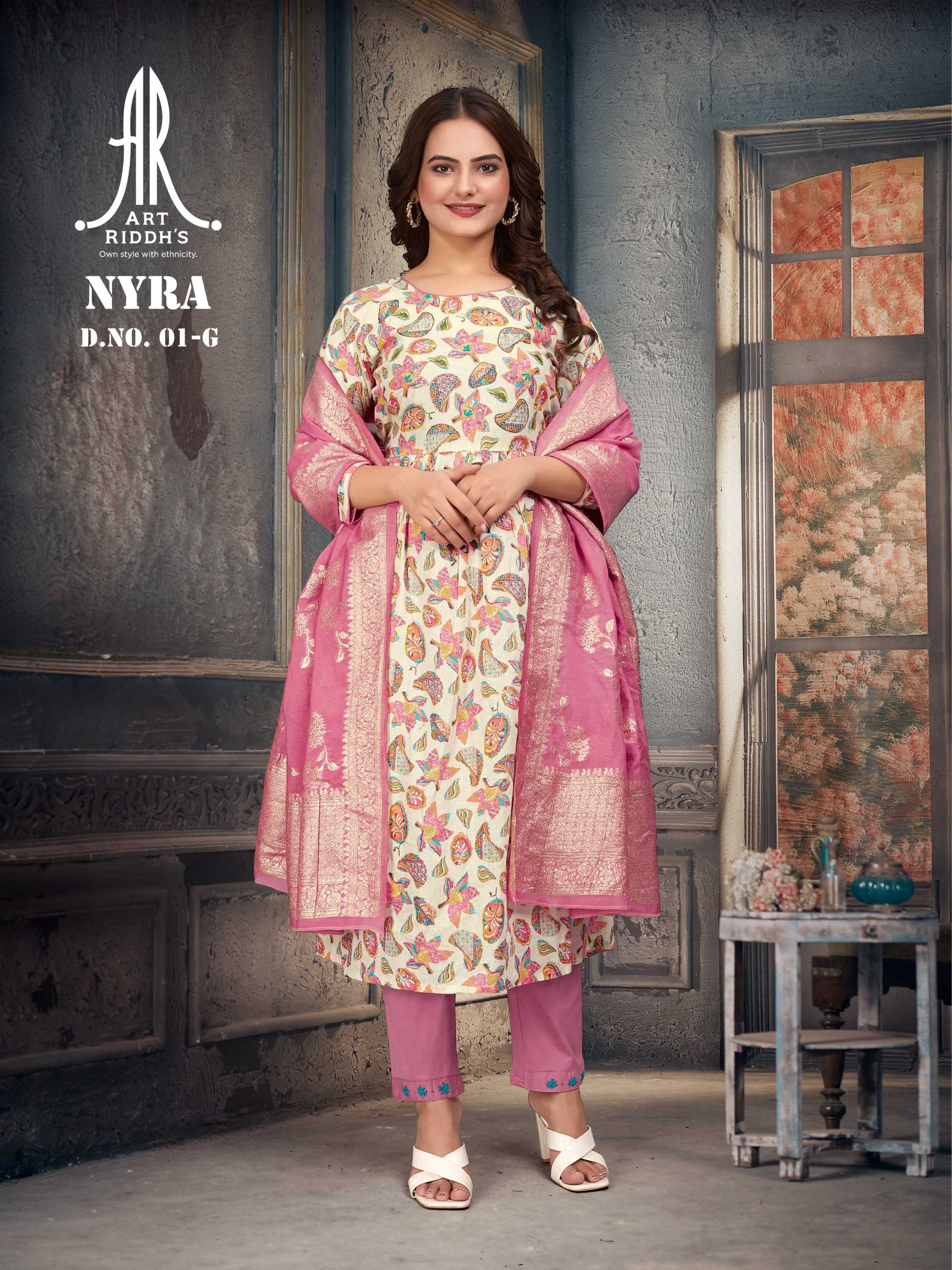 artridhs nayra cut pattern cotton fancy full stitch big size handwork pick & choose kurti pant with dupatta 