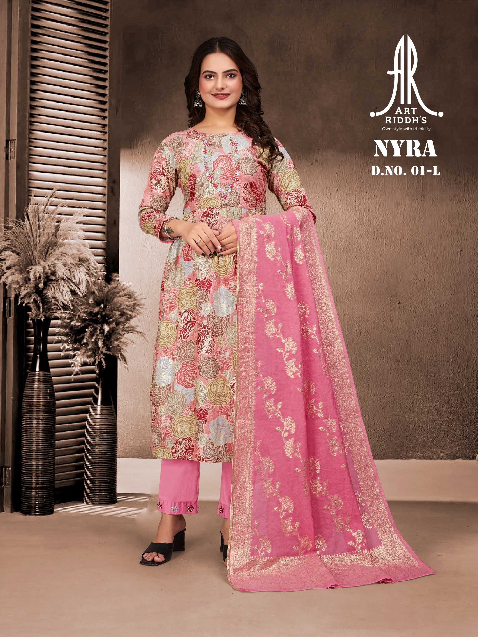 artridhs nayra cut pattern cotton fancy full stitch big size handwork pick & choose kurti pant with dupatta 
