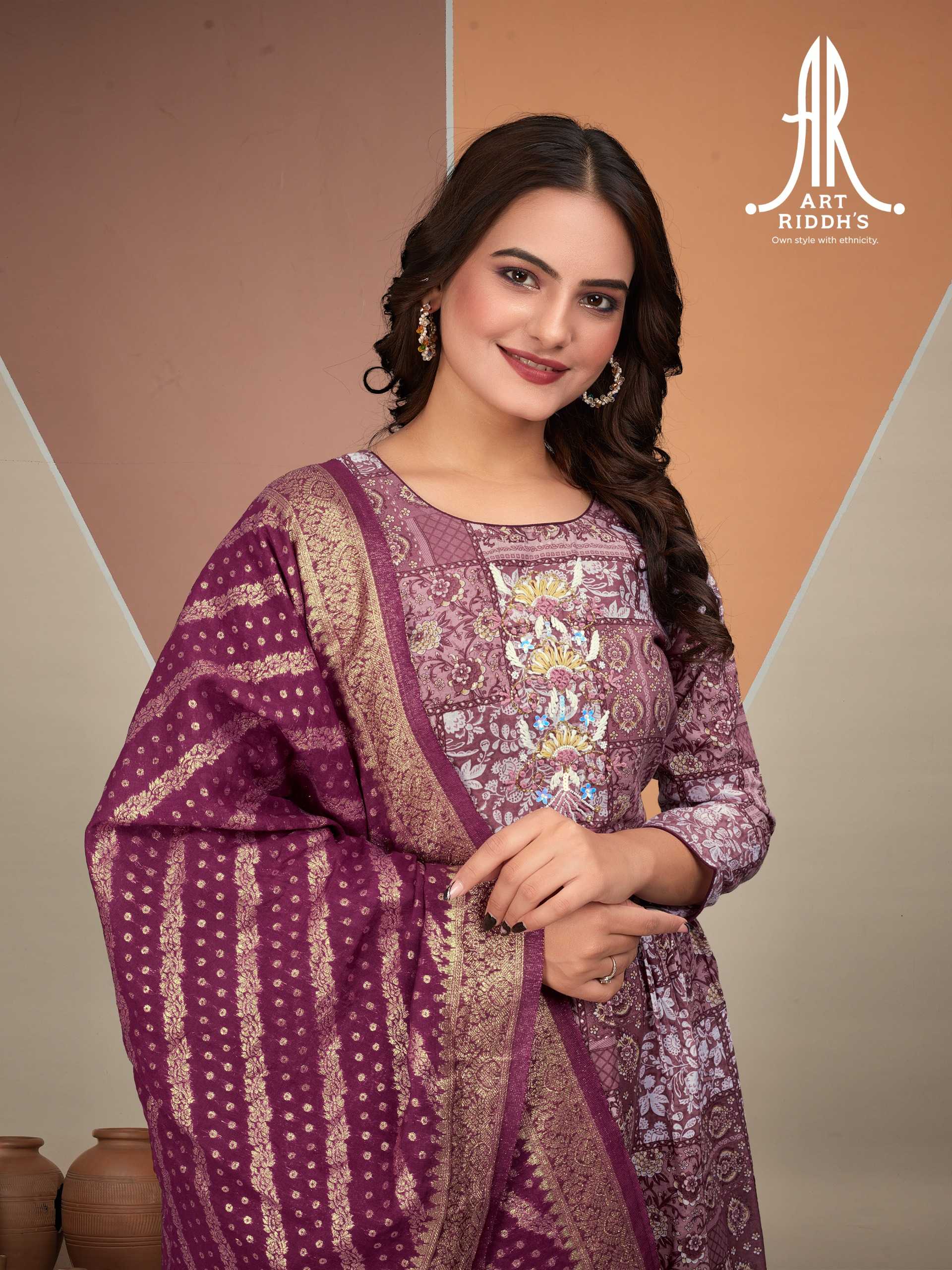 artridhs nayra cut pattern cotton fancy full stitch big size handwork pick & choose kurti pant with dupatta 