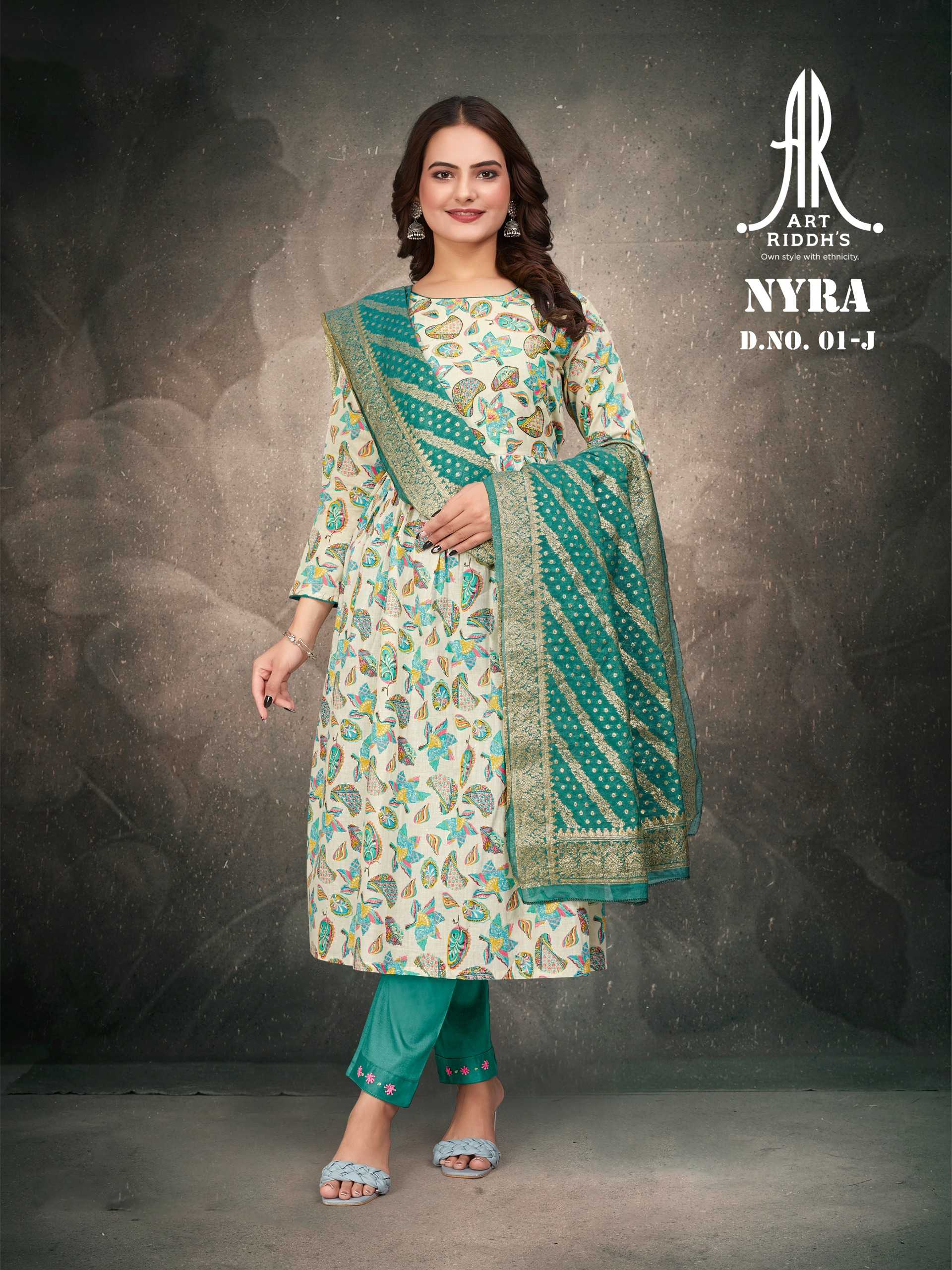 artridhs nayra cut pattern cotton fancy full stitch big size handwork pick & choose kurti pant with dupatta 