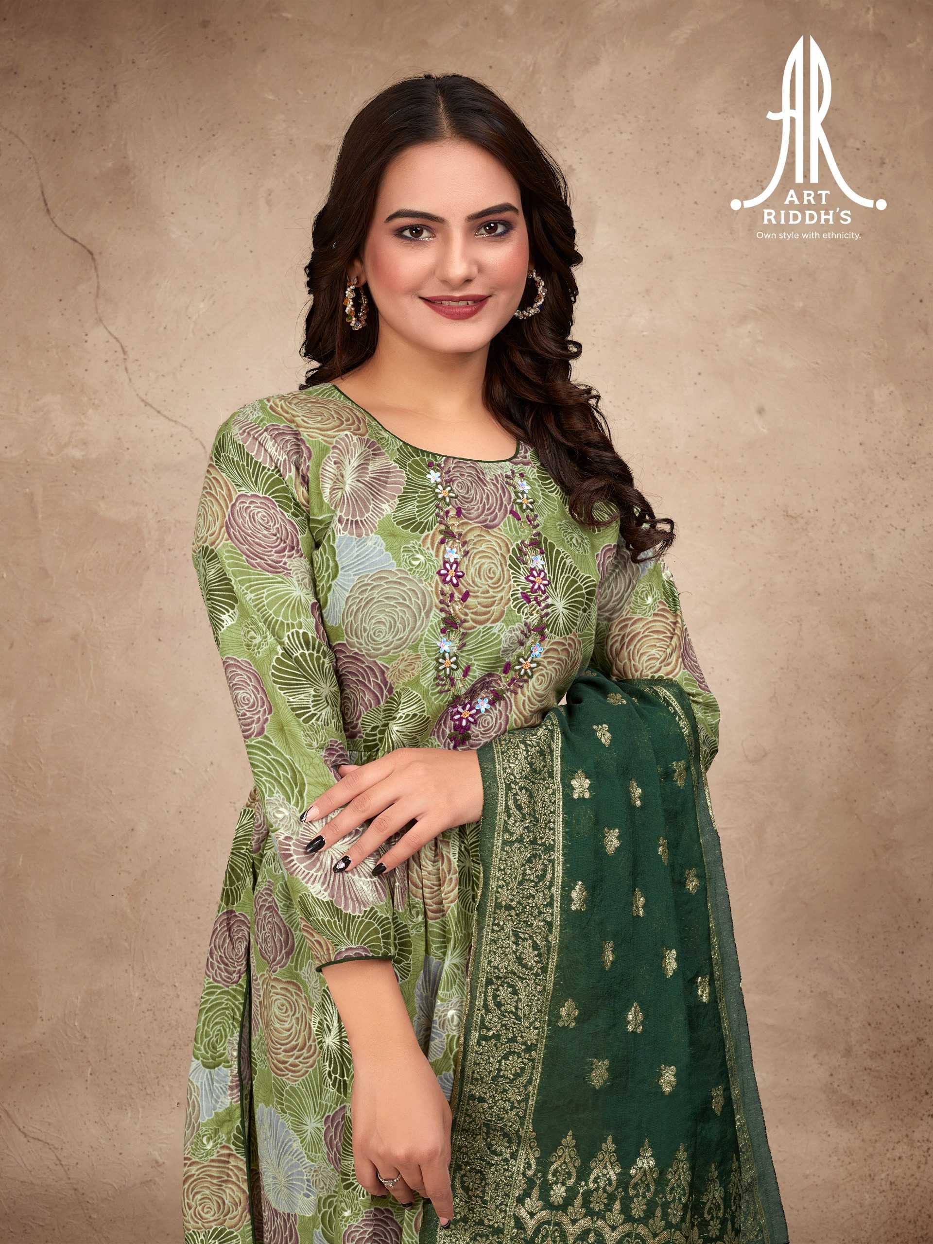 artridhs nayra cut pattern cotton fancy full stitch big size handwork pick & choose kurti pant with dupatta 