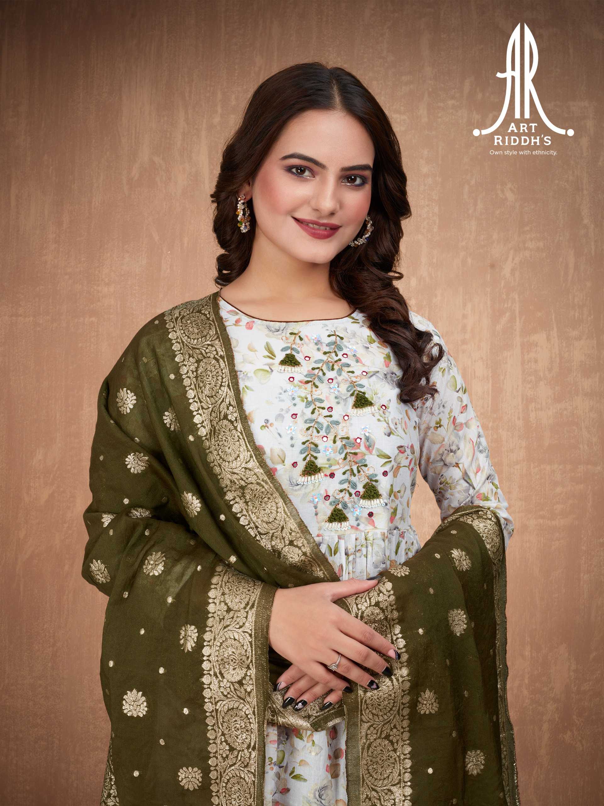 artridhs nayra cut pattern cotton fancy full stitch big size handwork pick & choose kurti pant with dupatta 