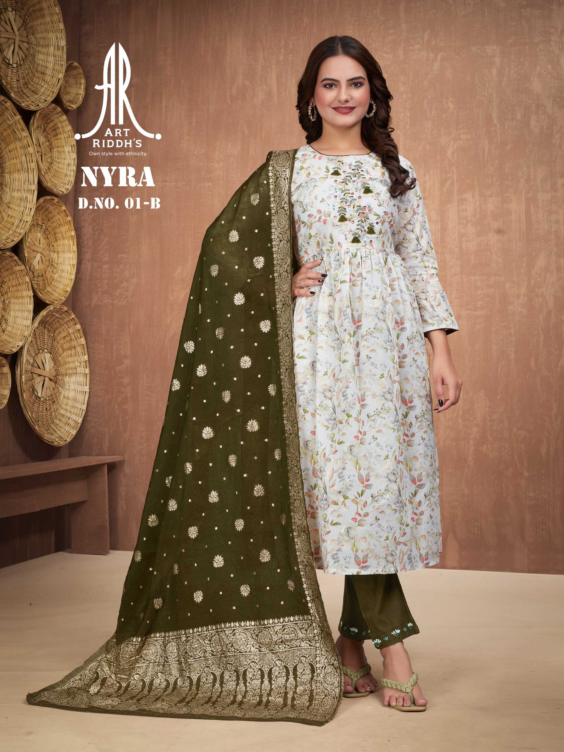 artridhs nayra cut pattern cotton fancy full stitch big size handwork pick & choose kurti pant with dupatta 