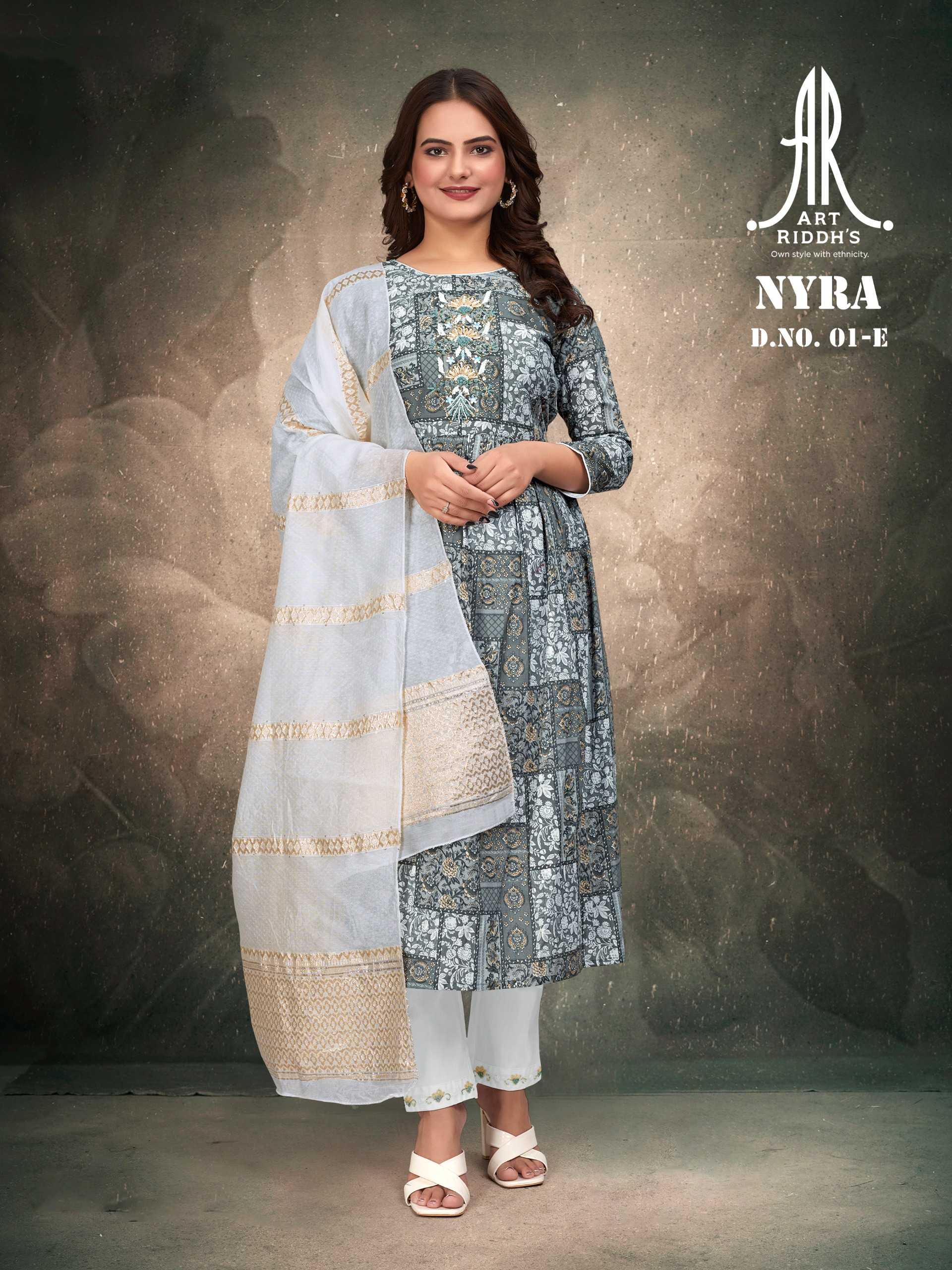 artridhs nayra cut pattern cotton fancy full stitch big size handwork pick & choose kurti pant with dupatta 
