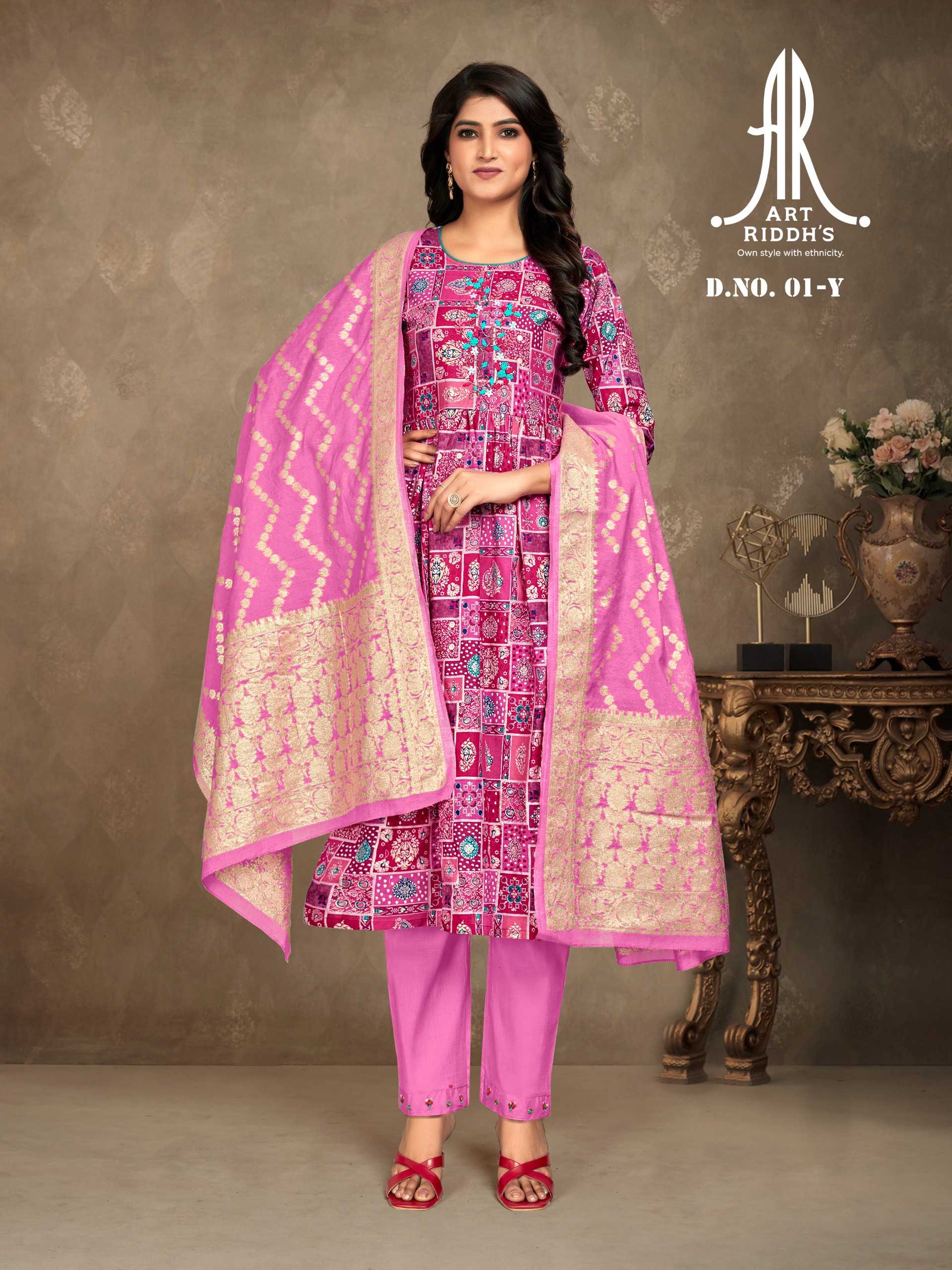 artridhs nayra cut pattern cotton fancy full stitch big size handwork pick & choose kurti pant with dupatta 