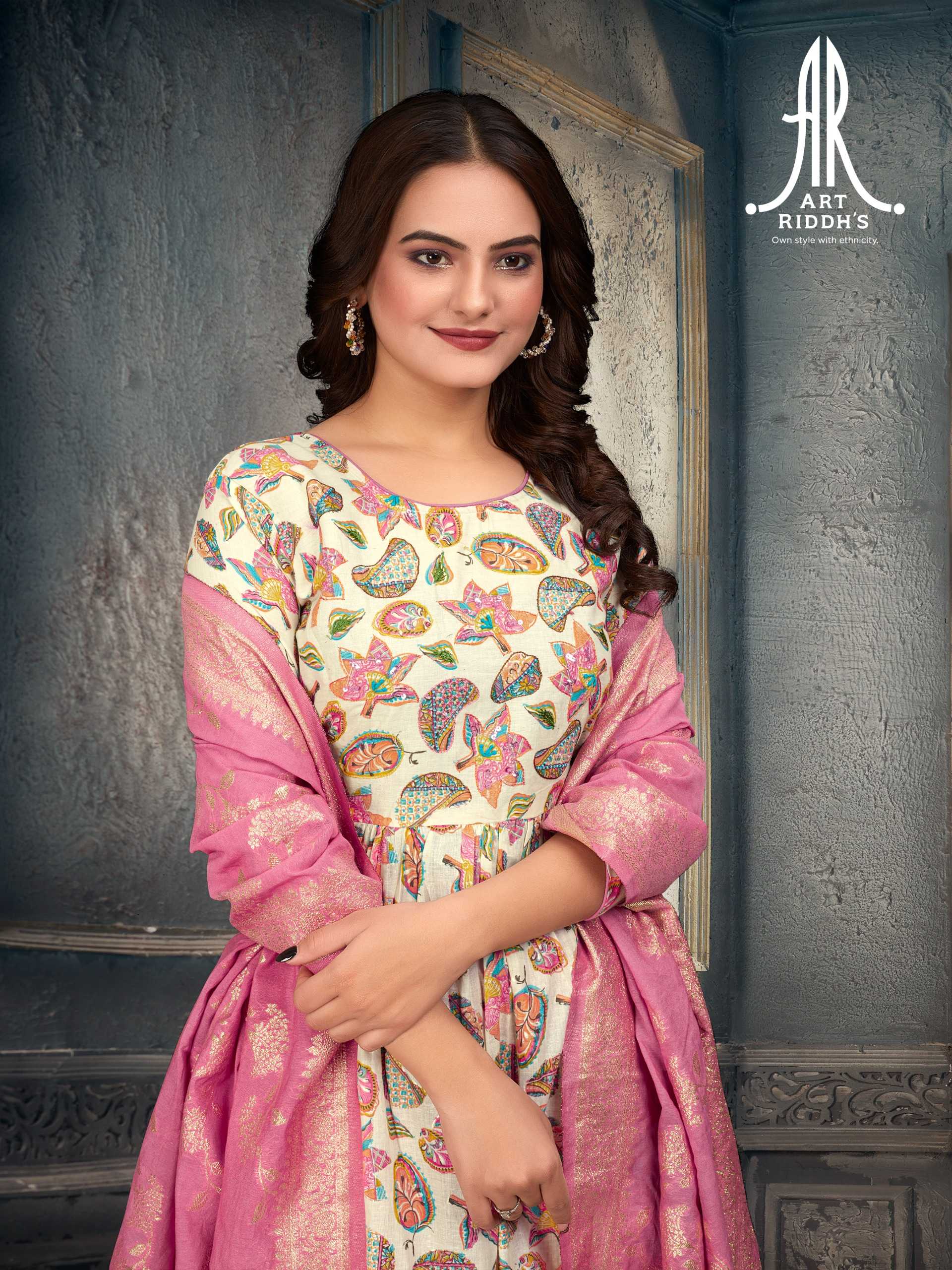 artridhs nayra cut pattern cotton fancy full stitch big size handwork pick & choose kurti pant with dupatta 