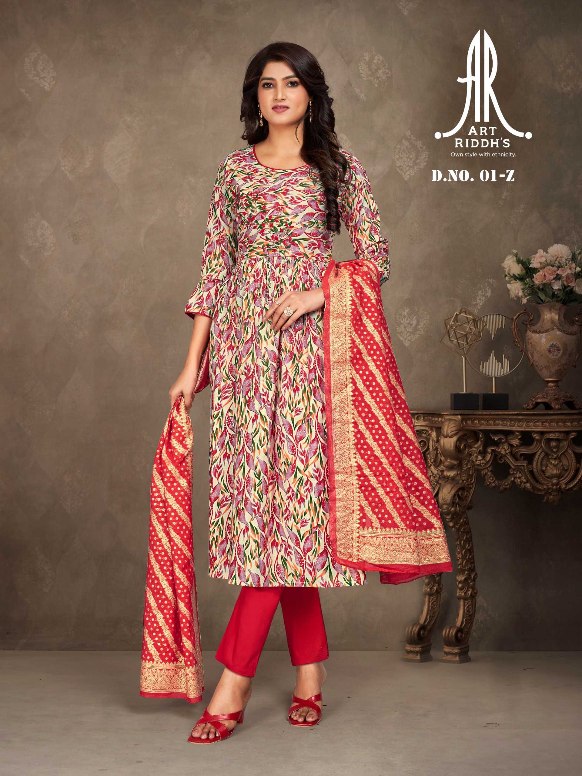 artridhs nayra cut pattern cotton fancy full stitch big size handwork pick & choose kurti pant with dupatta 