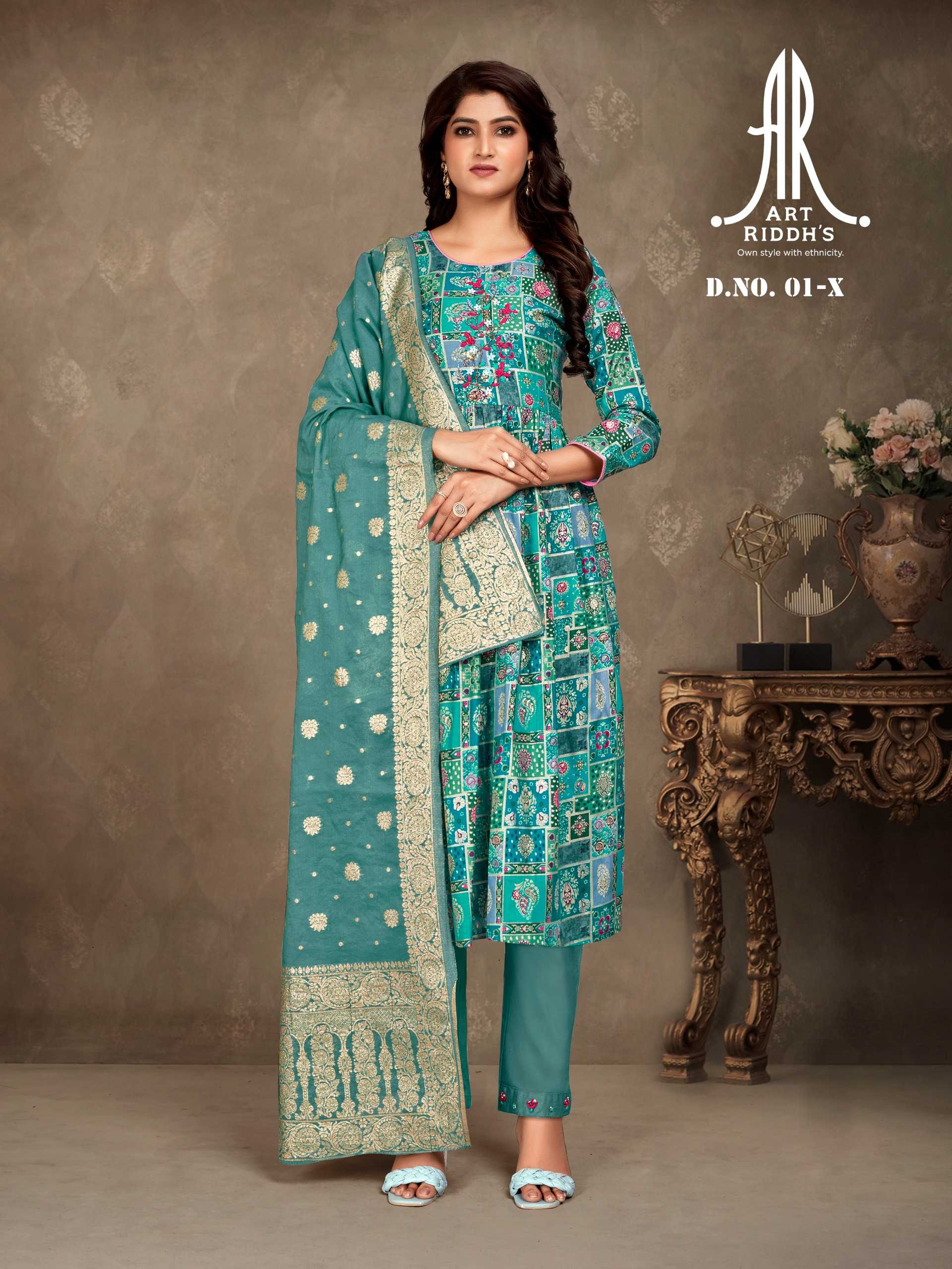 artridhs nayra cut pattern cotton fancy full stitch big size handwork pick & choose kurti pant with dupatta 
