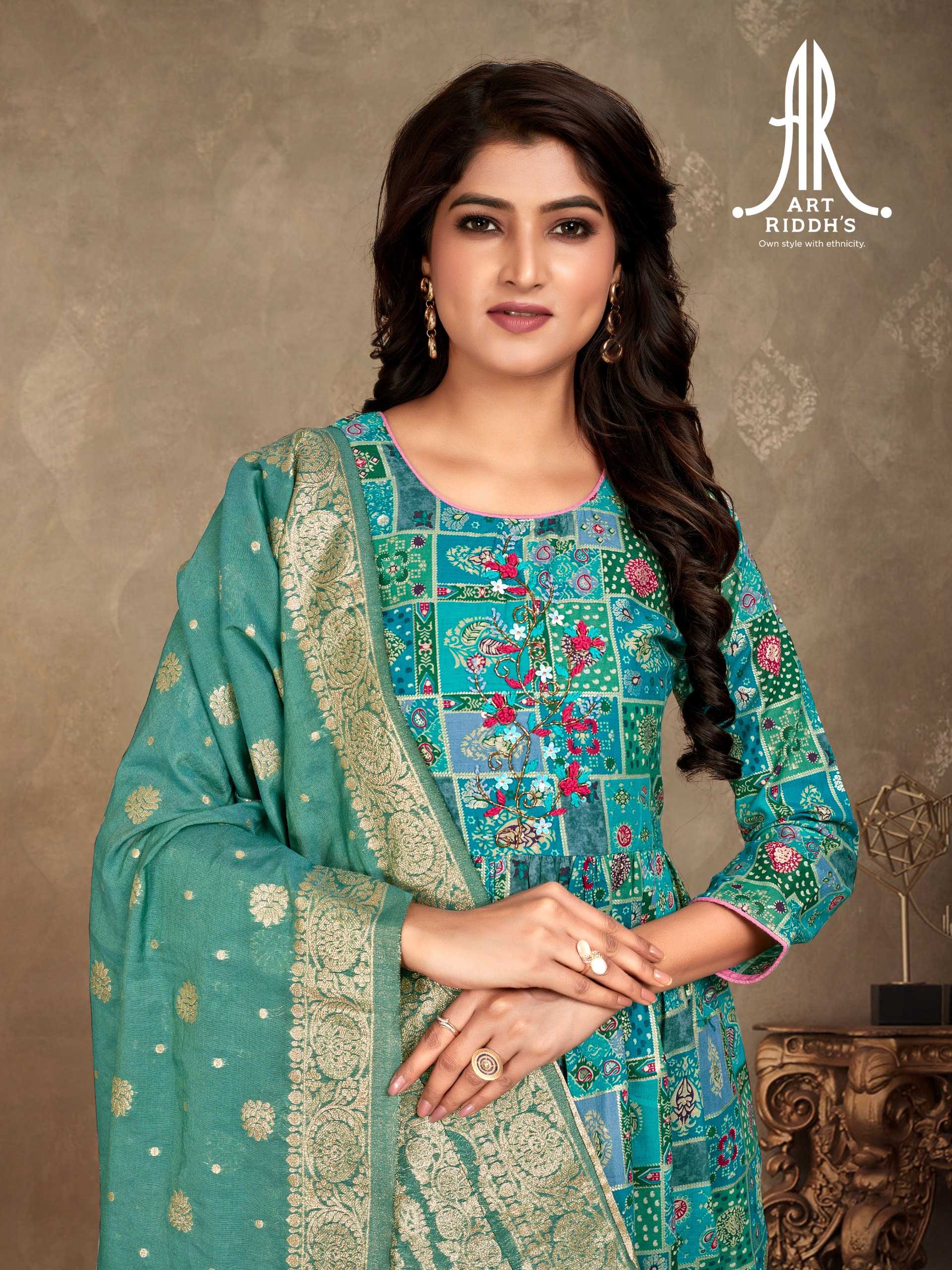 artridhs nayra cut pattern cotton fancy full stitch big size handwork pick & choose kurti pant with dupatta 