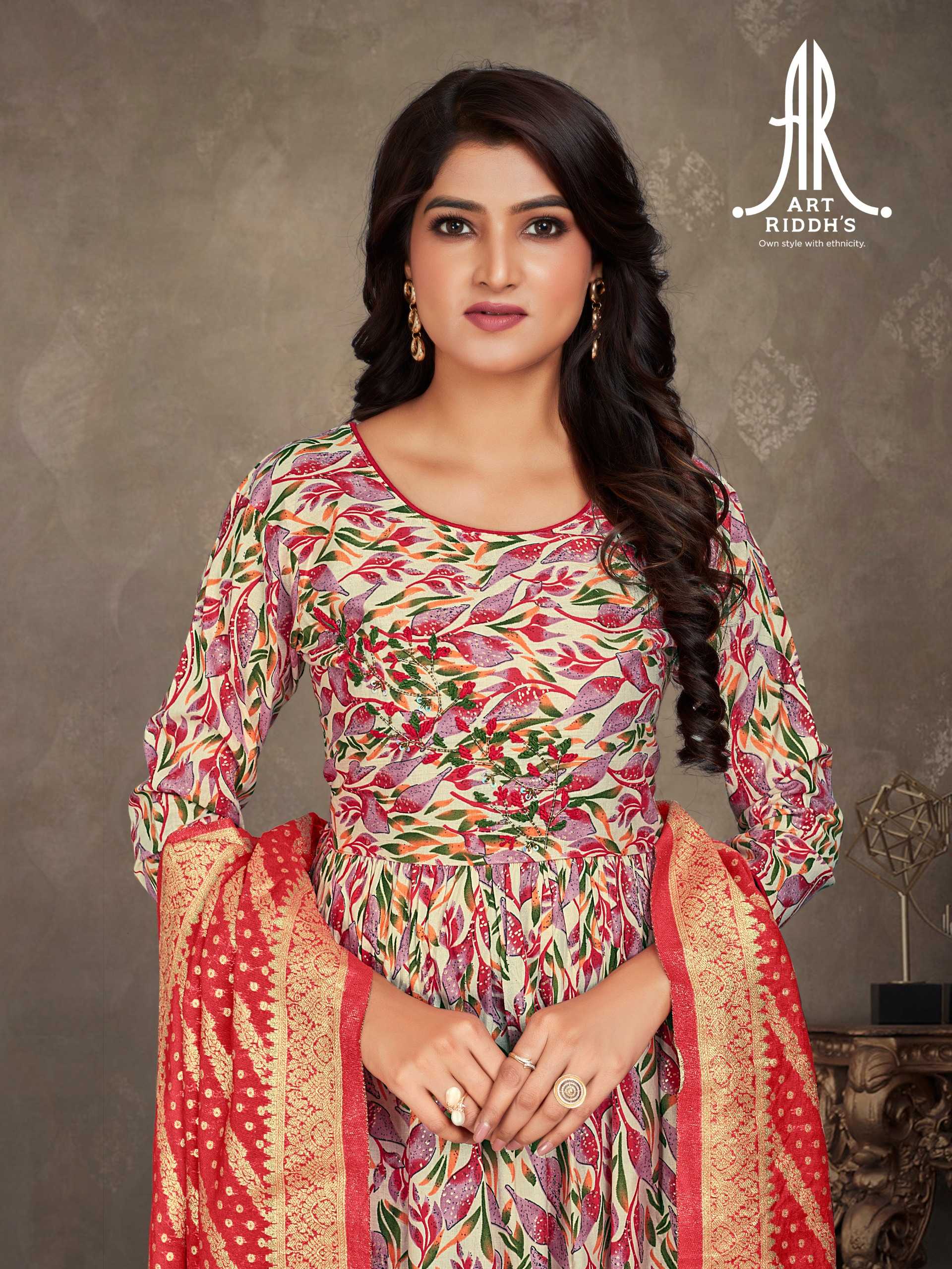 artridhs nayra cut pattern cotton fancy full stitch big size handwork pick & choose kurti pant with dupatta 