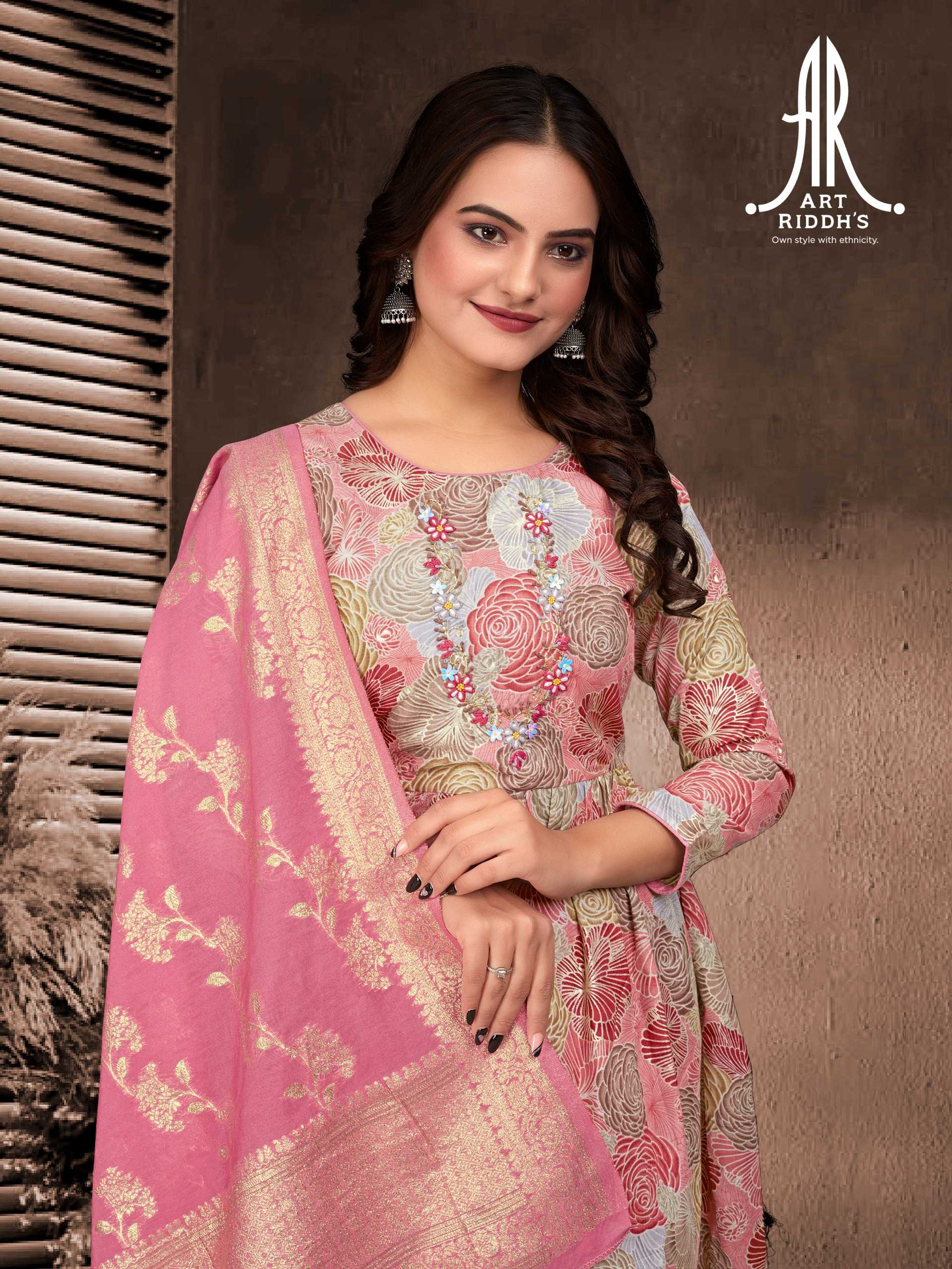 artridhs nayra cut pattern cotton fancy full stitch big size handwork pick & choose kurti pant with dupatta 