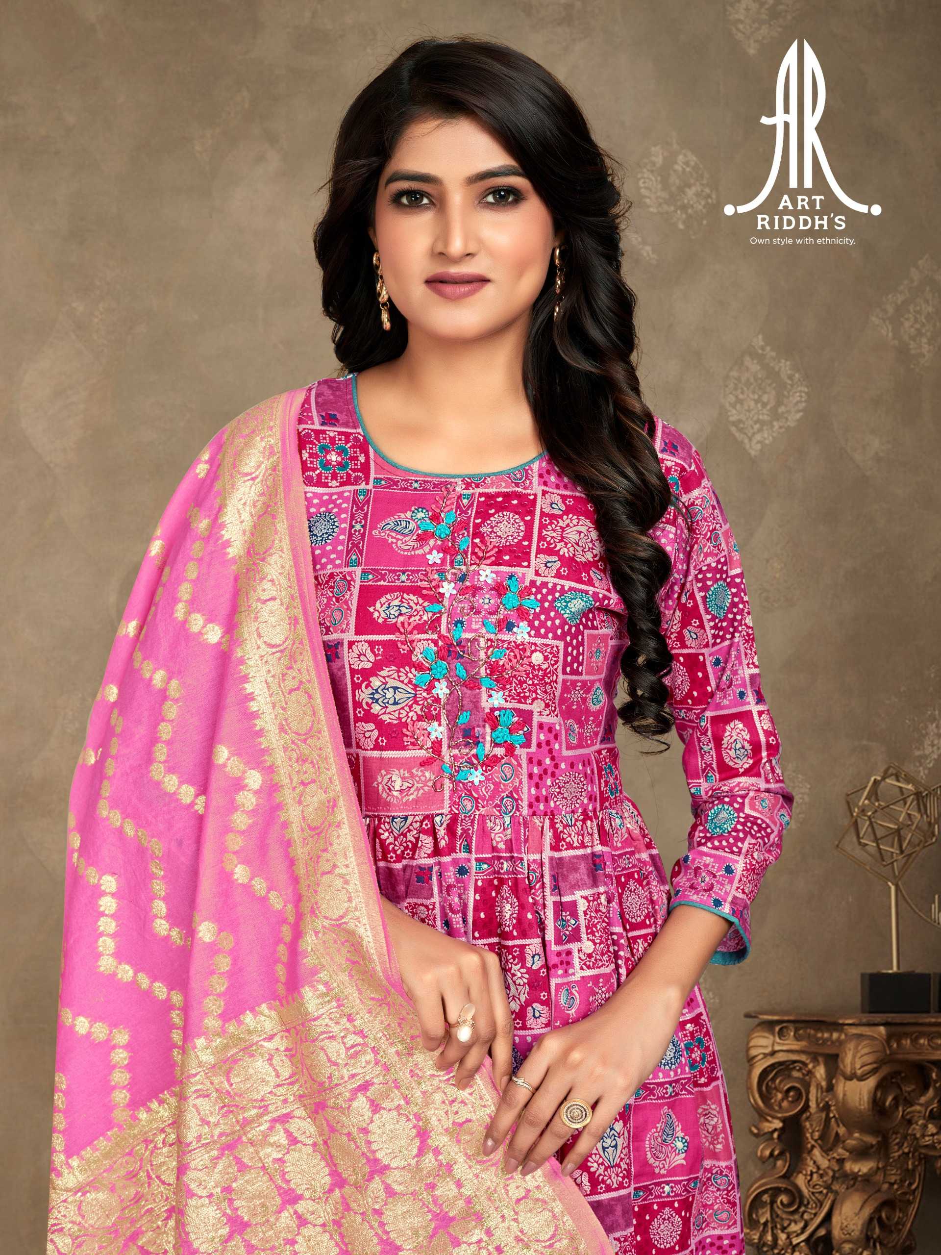 artridhs nayra cut pattern cotton fancy full stitch big size handwork pick & choose kurti pant with dupatta 