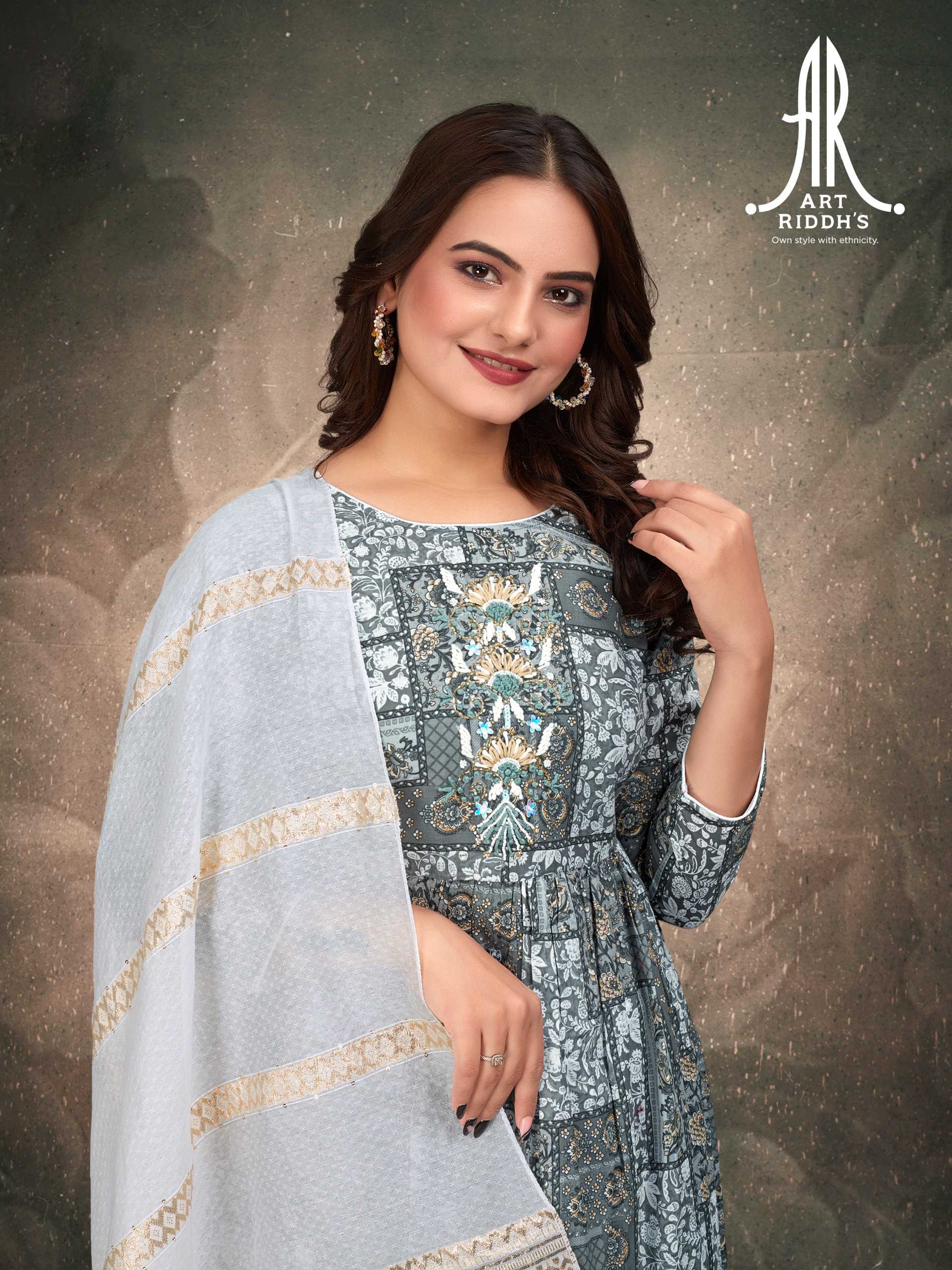 artridhs nayra cut pattern cotton fancy full stitch big size handwork pick & choose kurti pant with dupatta 