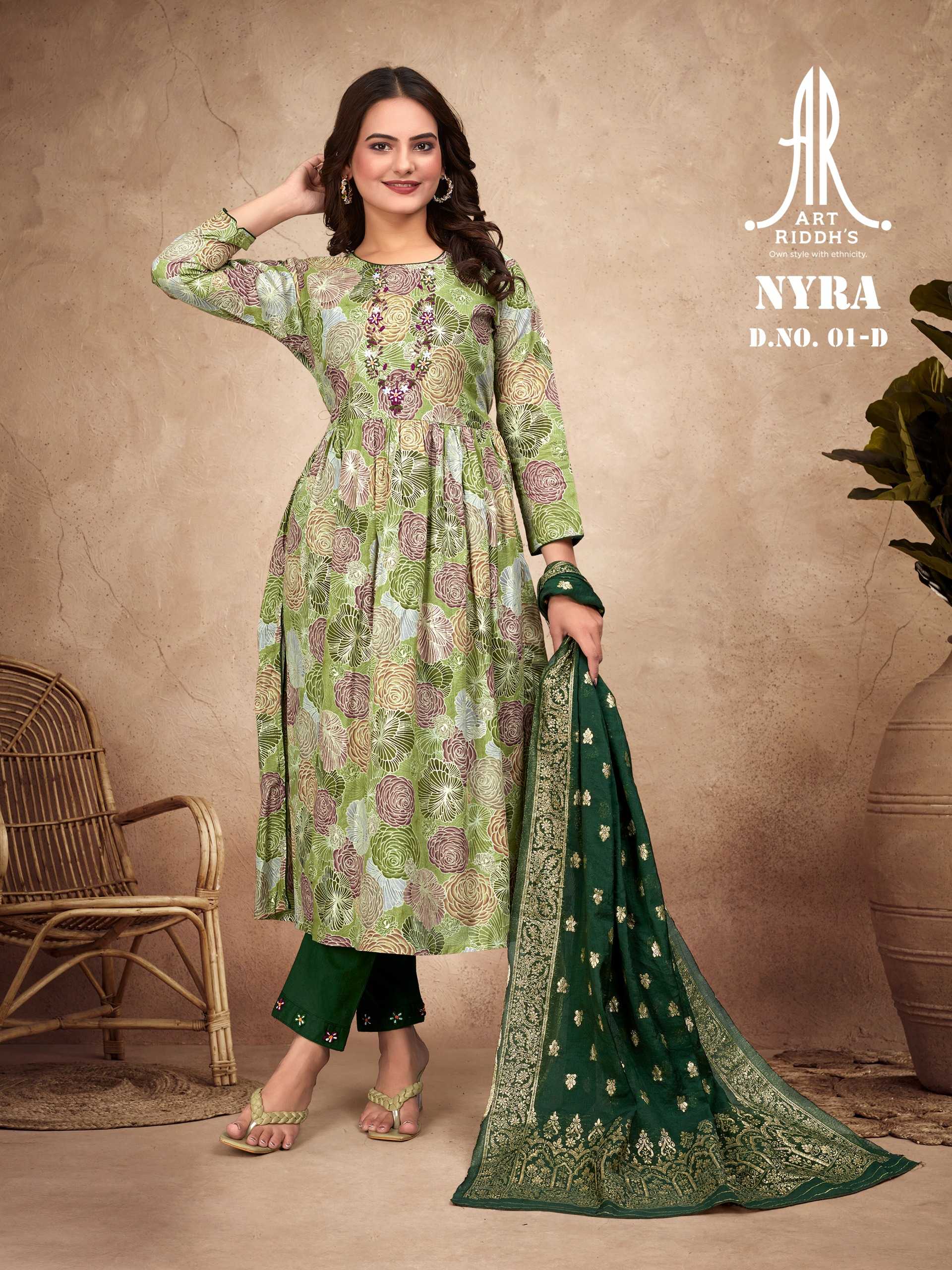 artridhs nayra cut pattern cotton fancy full stitch big size handwork pick & choose kurti pant with dupatta 