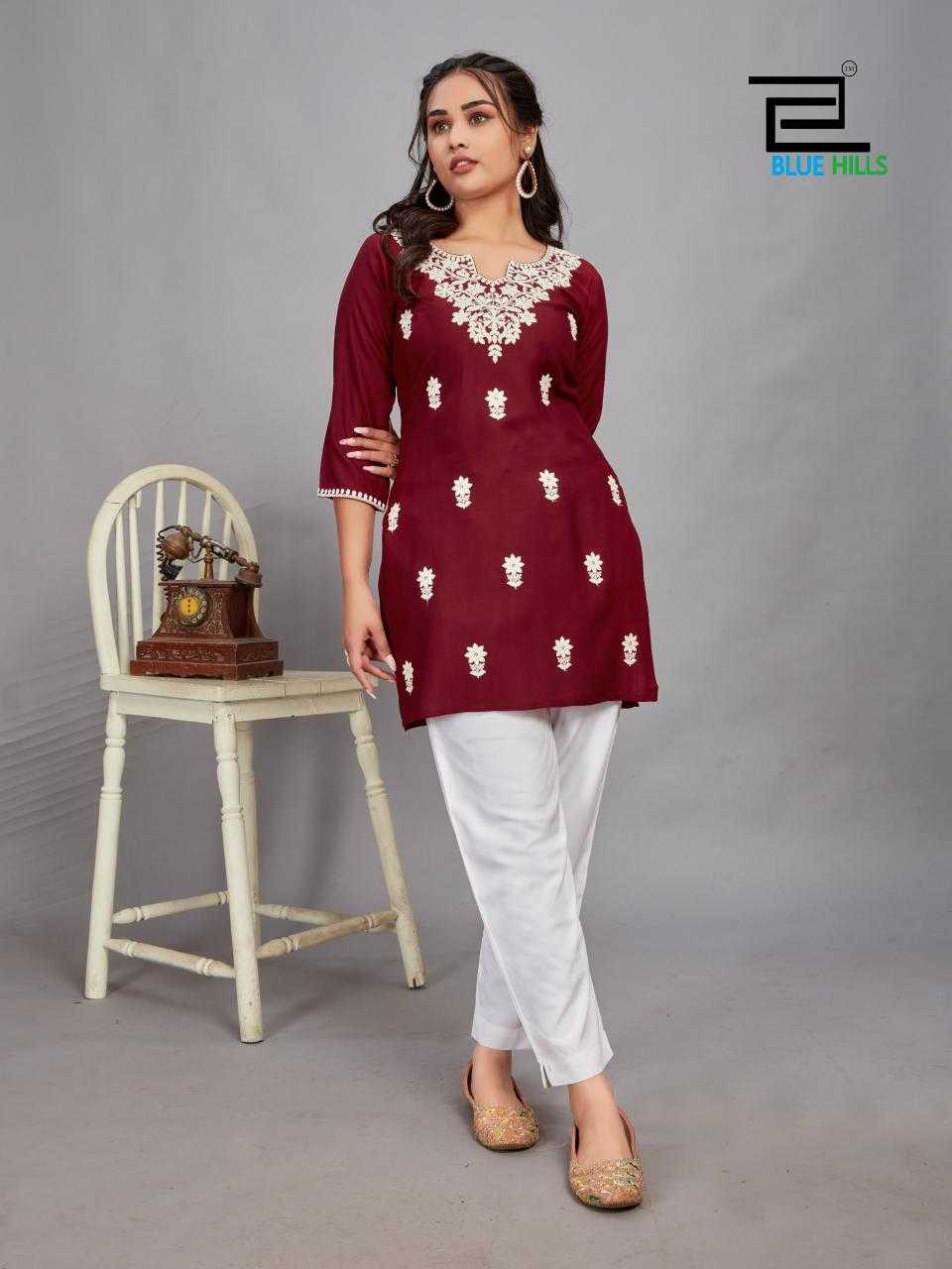 blue hills divya full stitch rayon lucknavi work big size side cut kurti daily wear fancy collection