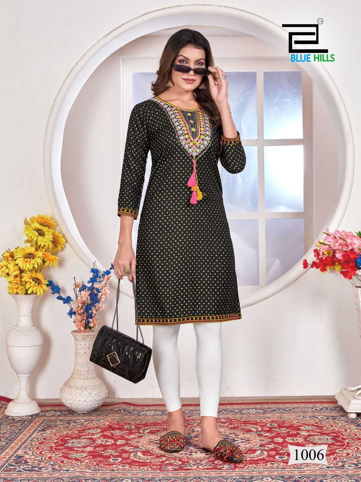 priya by blue hills stylish straight cut rayon zari & sequence work readymade big size kurti 