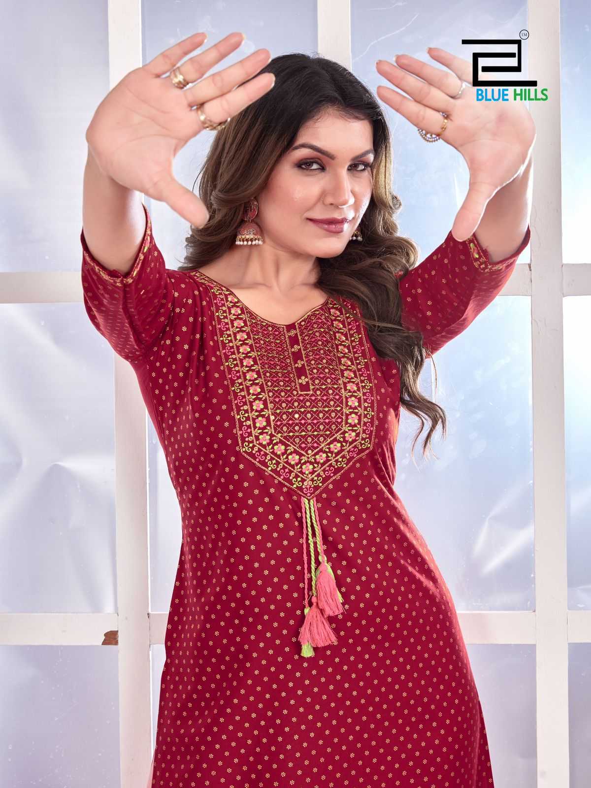 priya by blue hills stylish straight cut rayon zari & sequence work readymade big size kurti 