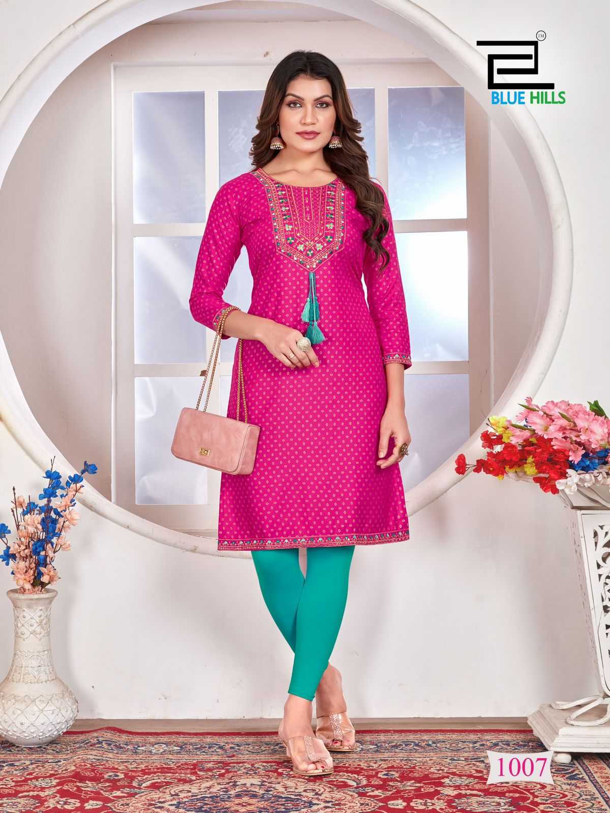 priya by blue hills stylish straight cut rayon zari & sequence work readymade big size kurti 
