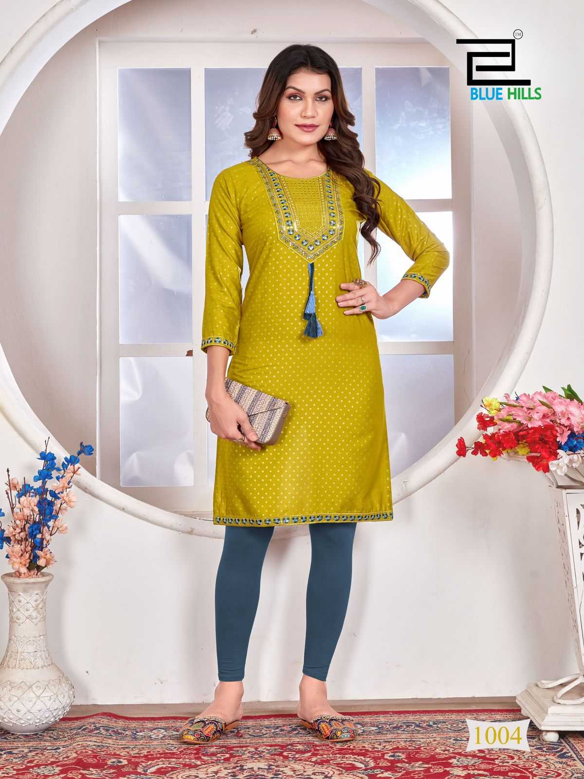 priya by blue hills stylish straight cut rayon zari & sequence work readymade big size kurti 